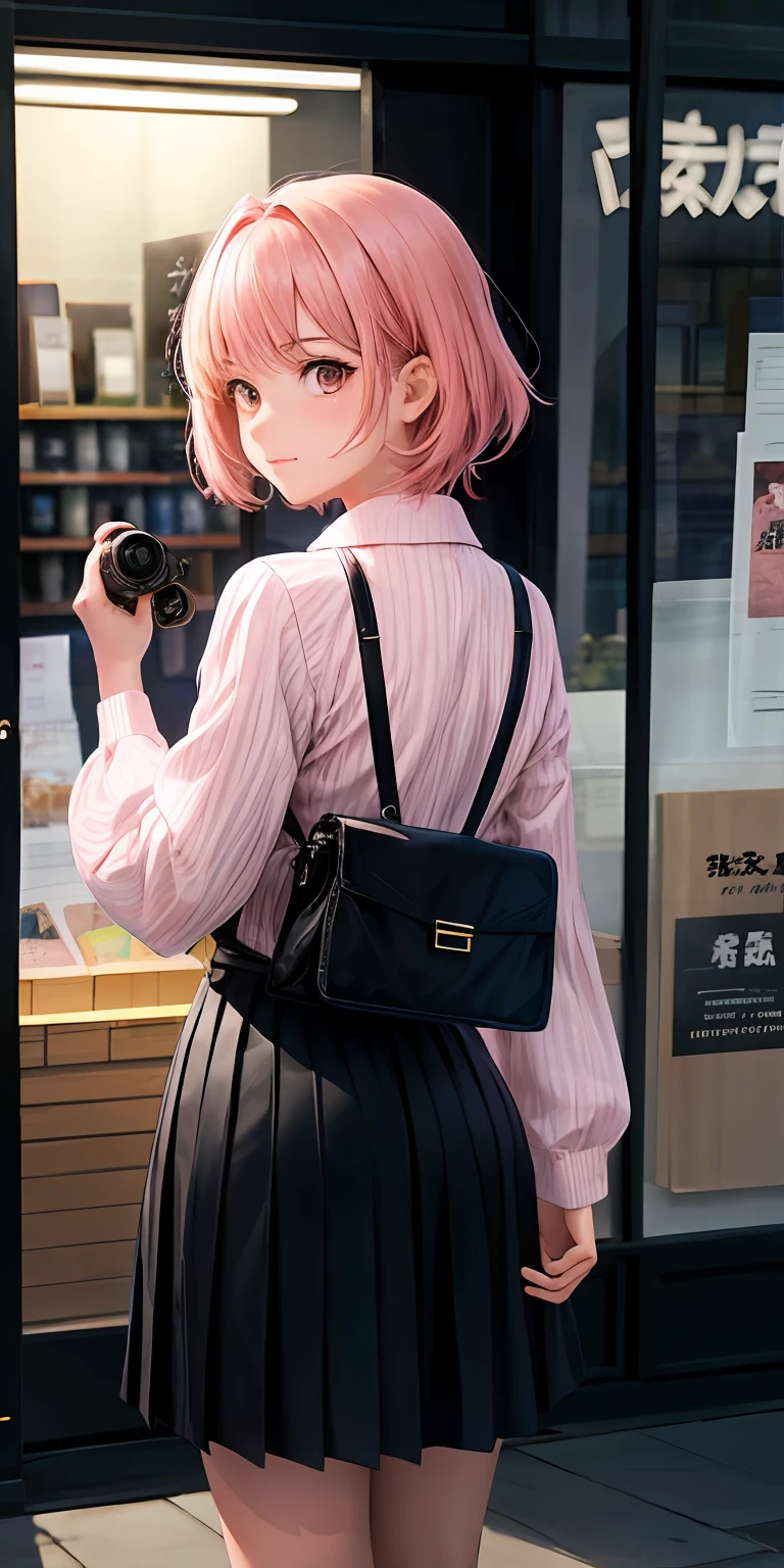 1 girl, short pink hair, small satchel, back to the camera, looking ahead, (office wear: 1.5), Japanese anime style, evening, (standing in front of the store: 1.5), collared long-sleeved shirt, hip skirt