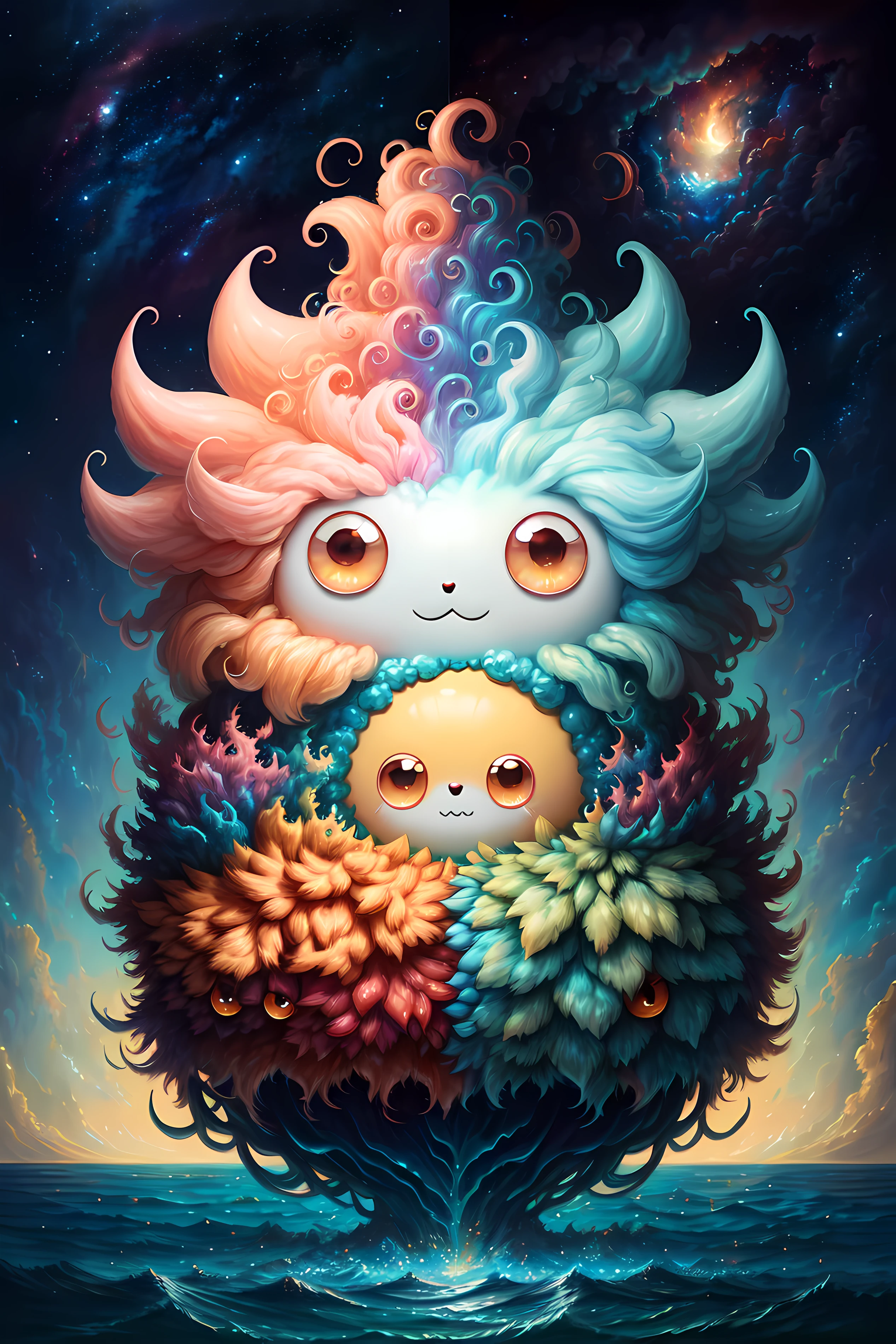 FANTZ MONSTER DESIGN, a cute creature with hair made out of style-nebmagic, chibi style, super adorable,