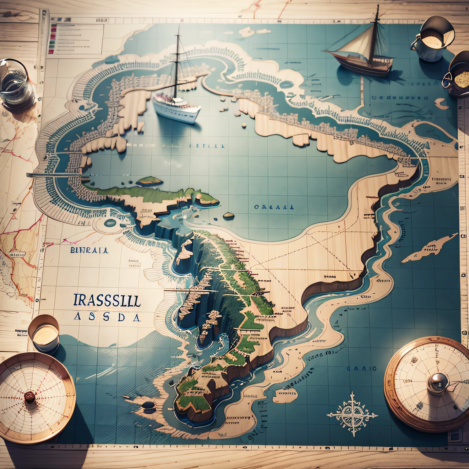 nautical chart,,((brasile)),Brazil, 3D rendering, vintage rich in detail, intricate, ultra hyper realistic, 4k