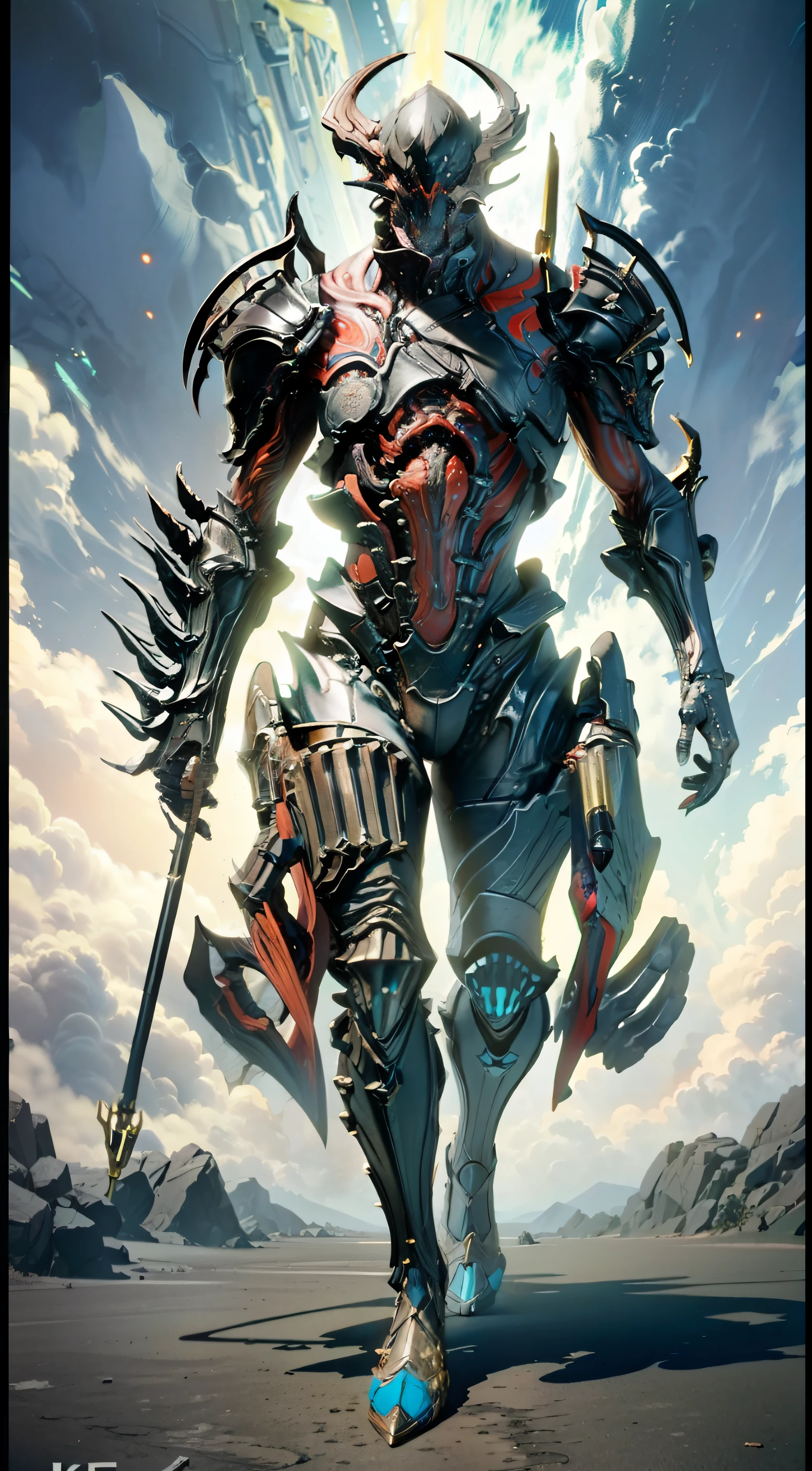 solo, super fine photo, full body picture Unreal Engine 5 8K UHD, male, black and ash graycolor scheme armor, demonic Warframe, red tattoo details, demon face with 6 shiny eyes, 6 long arms, hold a head of Grineer soldier, best quality, masterpiece, official art, unified 8k wallpaper, ultra detailed, sharp focus, dynamic pose, body parts,