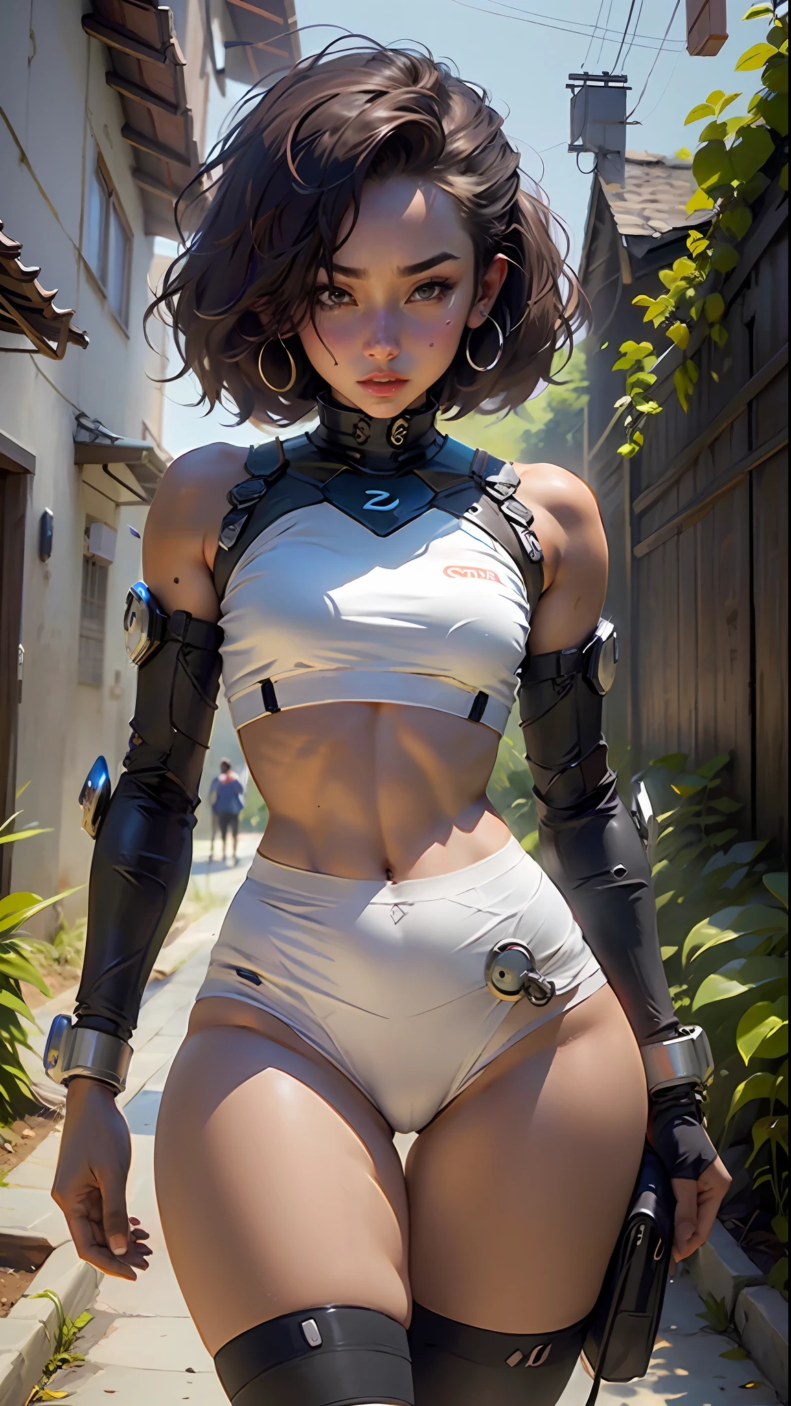Woman body defined thick thighs cybernetic body parts, short underwear