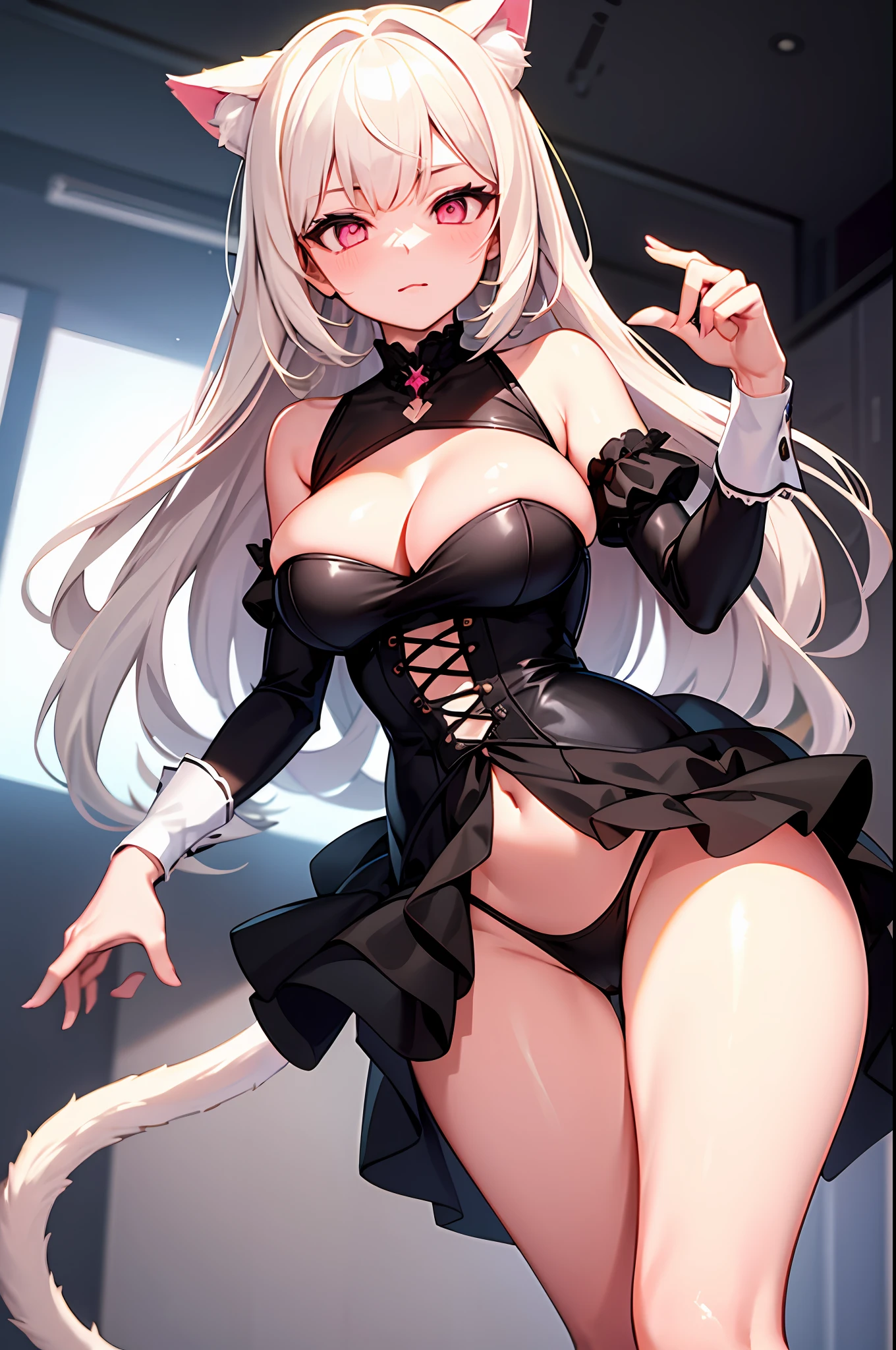 masterpiece, perfect CG unity 8k wallpaper, best quality, 1girl, long hair, platinum blond hair, french maid dress, skimpy french maid dress, short french maid dress, modern, trendy, pink eyes, massive breasts, cat ears, cat tail, adorable, cute, tail wagging, girl with petite and slender body, enticing breasts