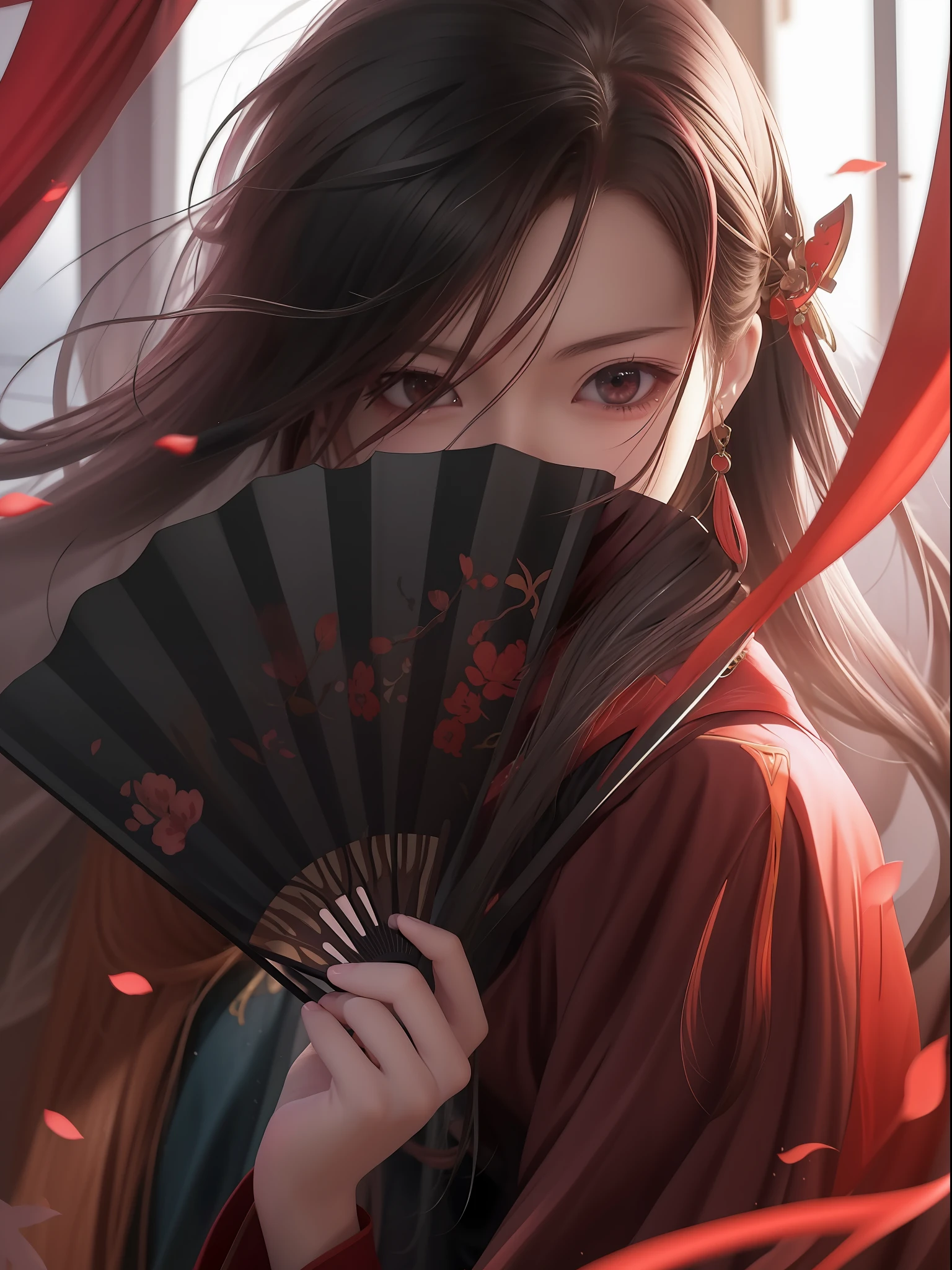 anime girl with red hair holding a fan and looking at the camera, anime style 4 k, by Yang J, anime art wallpaper 8 k, artwork in the style of guweiz, 4k anime wallpaper, anime art wallpaper 4k, anime art wallpaper 4 k, anime wallpaper 4k, anime wallpaper 4 k, palace ， a girl in hanfu