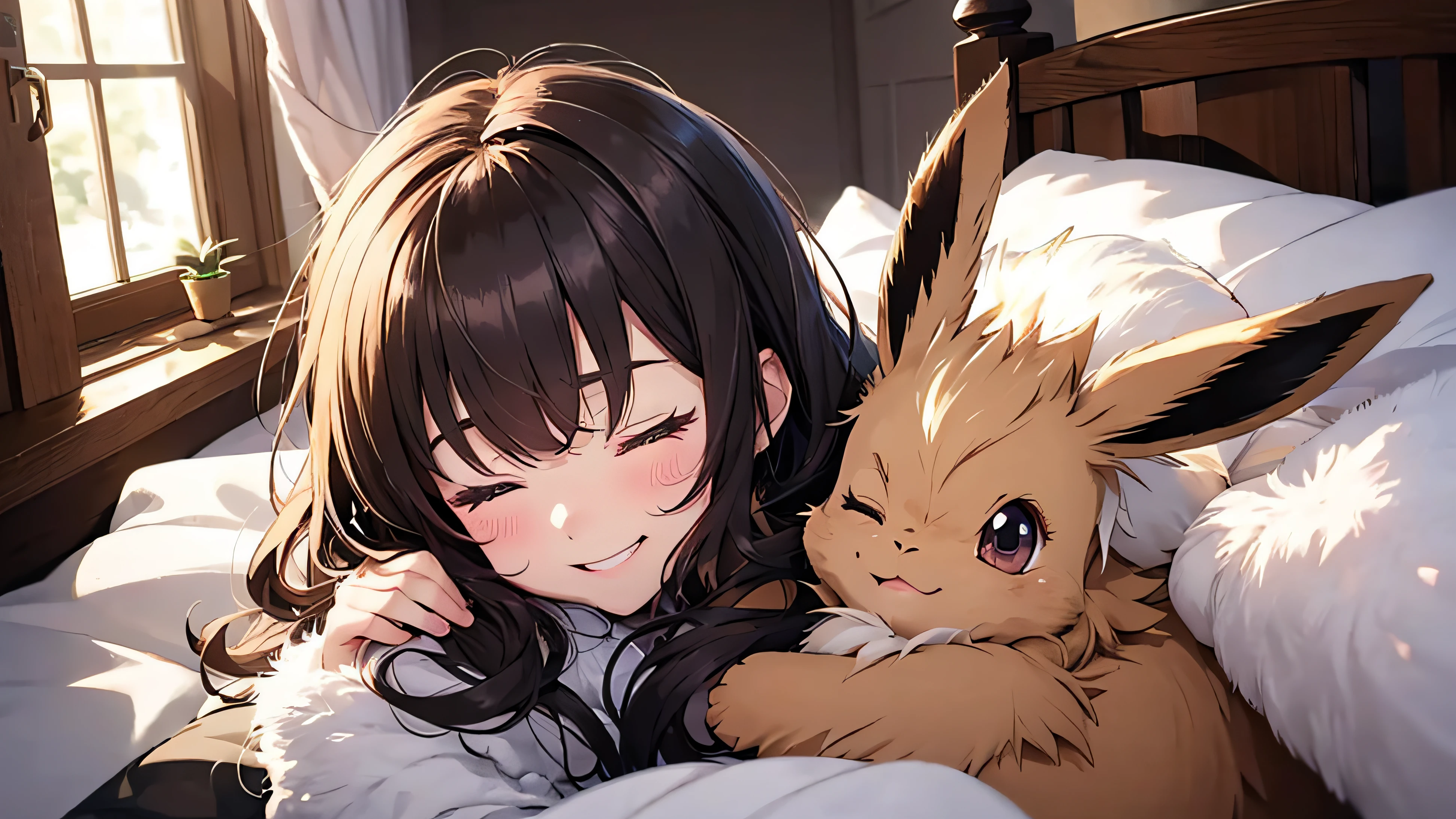 cute smol happy 1girl hugging her solo cute happy floofy (eevee)+ pokemon, warm lighting, loving, cozy bedroom, colorful, (eyes closed)+, blankets