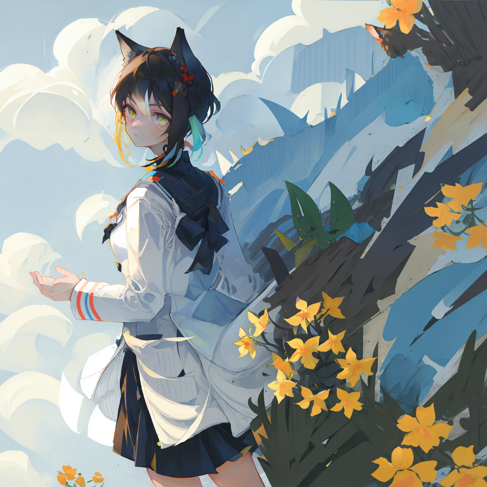 Clouds, little girl with short hair, cat