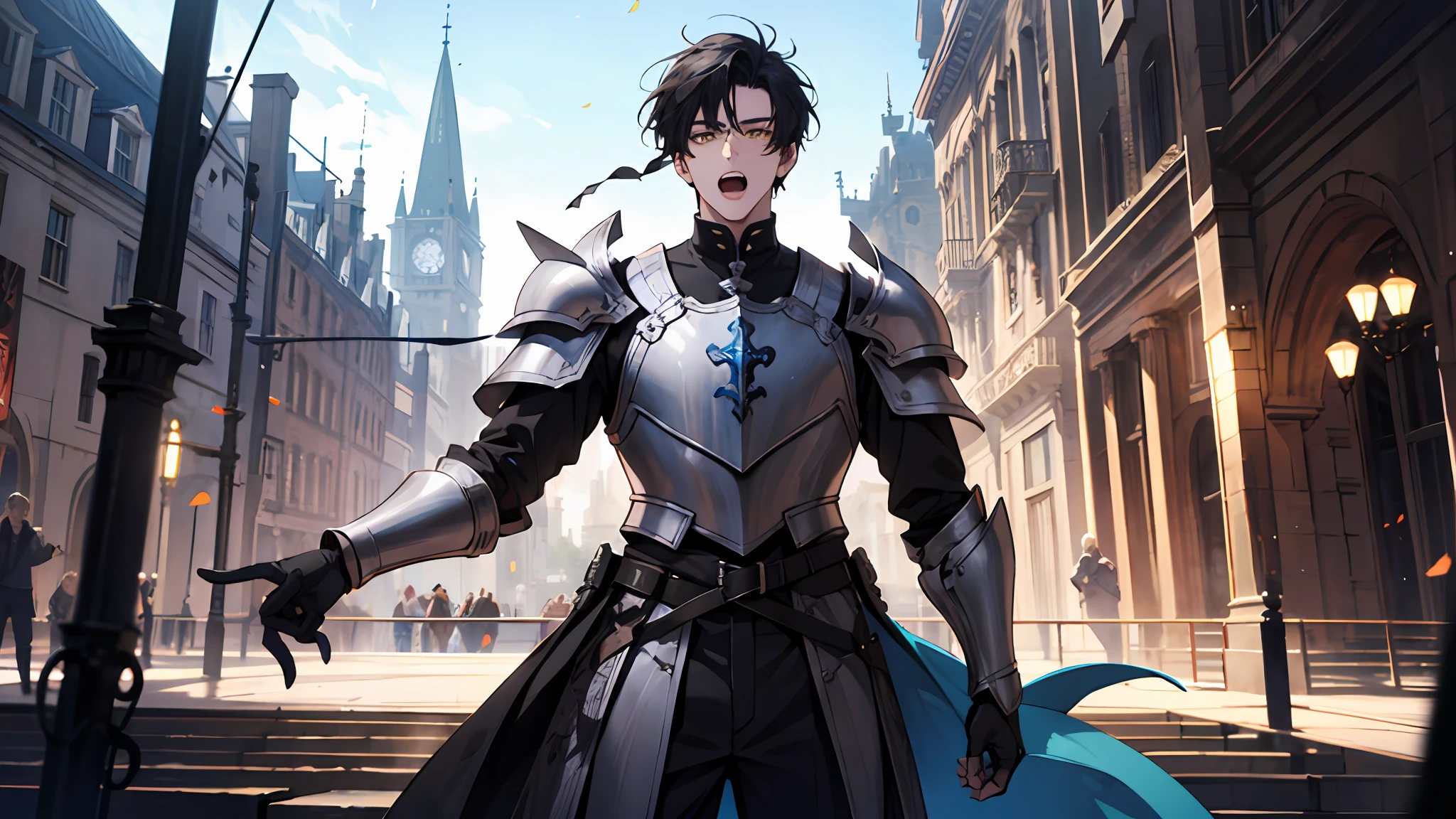 (ridiculous, high resolution, super detailed), (panorama), (1 male), tall, pale black armor, yellow eyes, short black hair, medieval style, square, open mouth, town, streamer, magic flowing, standing on stage, blue sky