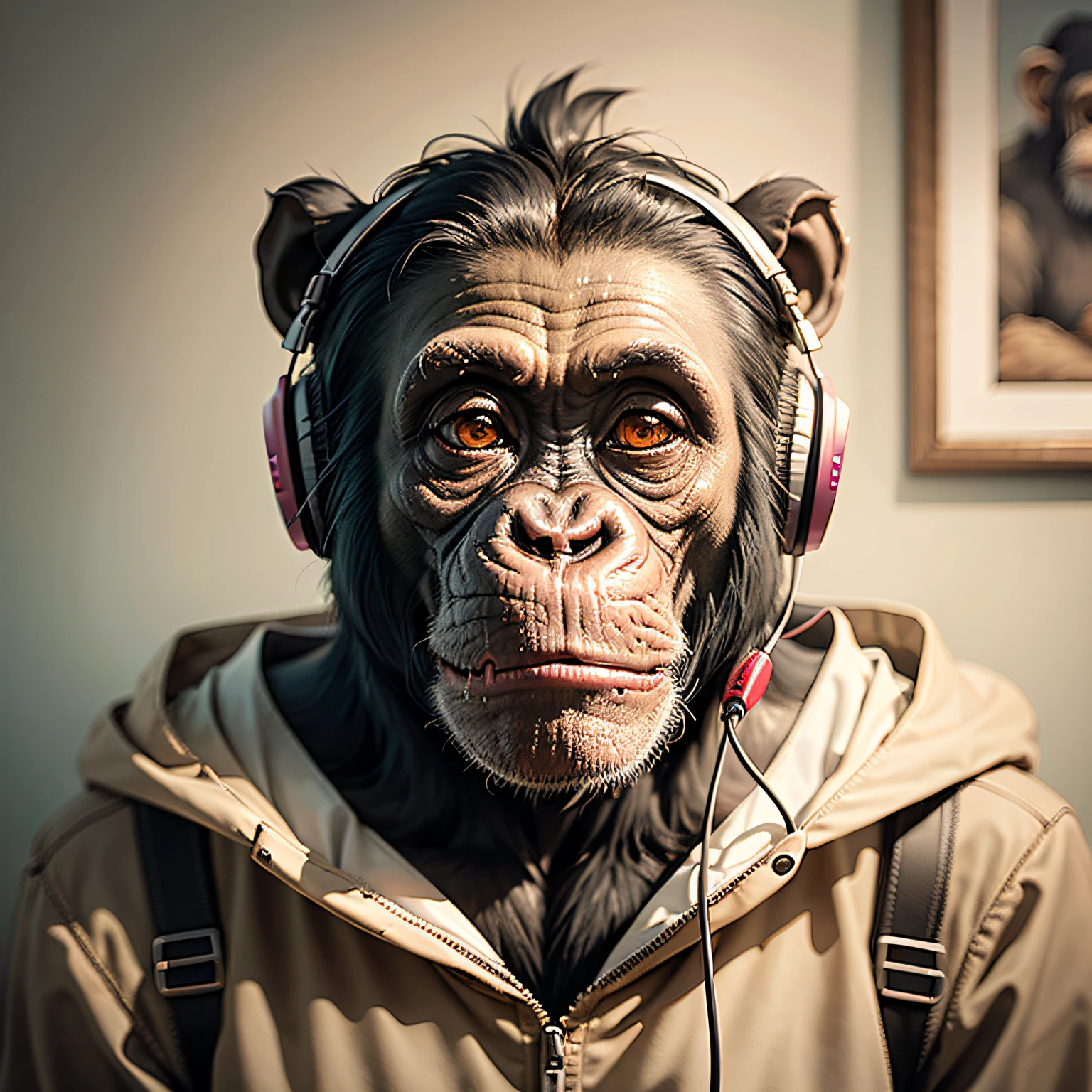 Chimpanzee with headset listening to music, professional headset, framing: only the chimpanzee's head, intricate details, highly detailed,,((masterpiece)
