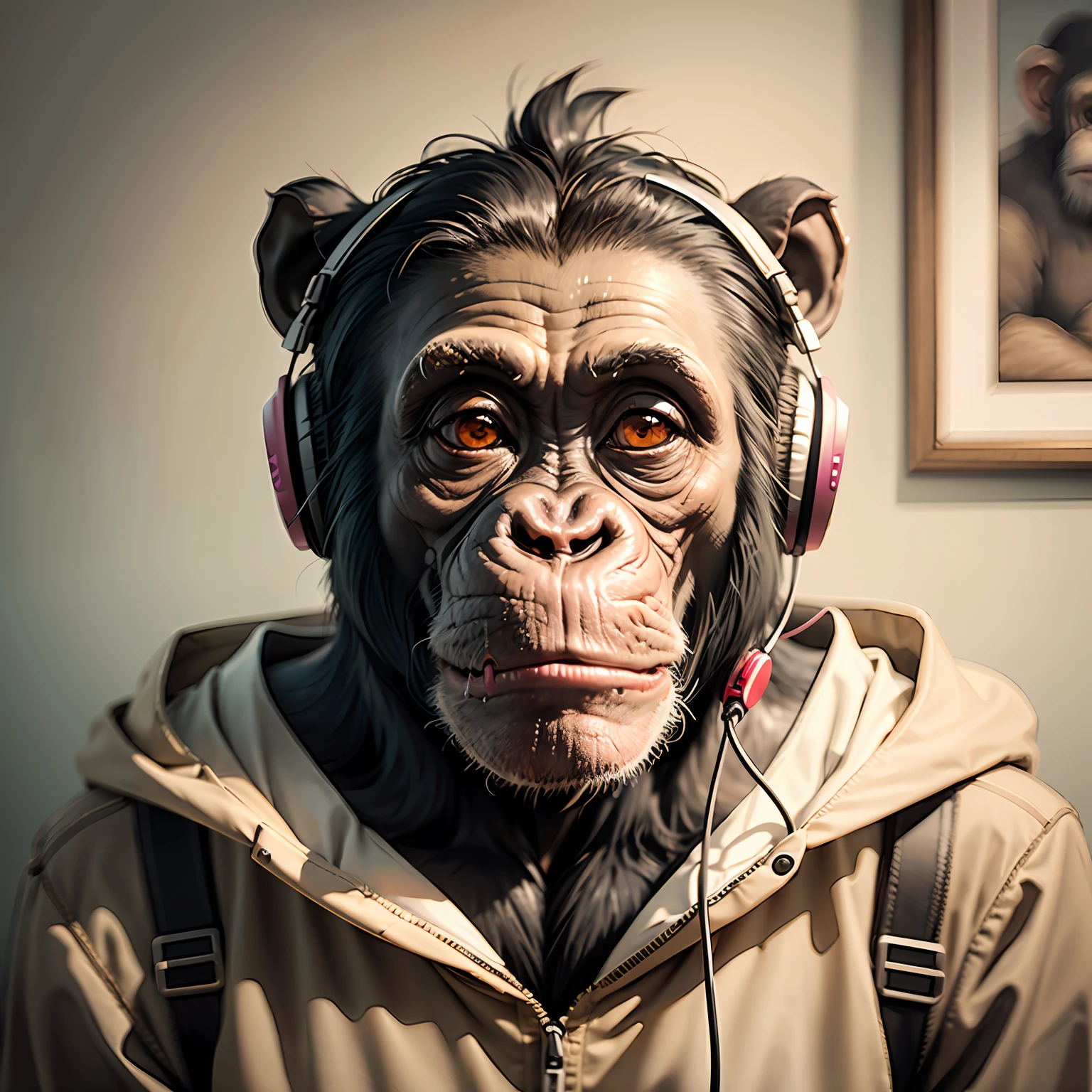Chimpanzee with headset listening to music, professional headset, framing: only the chimpanzee's head, intricate details, highly detailed,,((masterpiece)