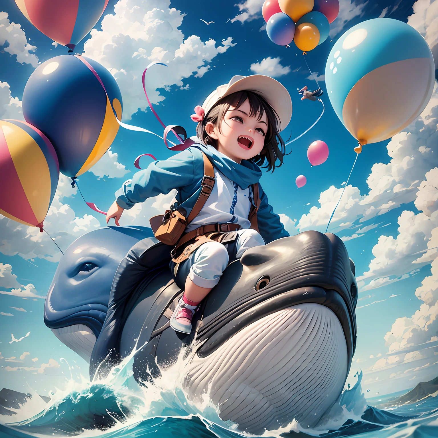 there is a young child riding on a whale in the ocean, flying whales, adorable digital painting, 3 d epic illustrations, cyril rolando and goro fujita, flying whale, epic digital art illustration, childrens art in artstation, beautiful digital artwork, cute detailed digital art, stunning digital illustration, sky whales, a beautiful artwork illustration, beautiful digital illustration