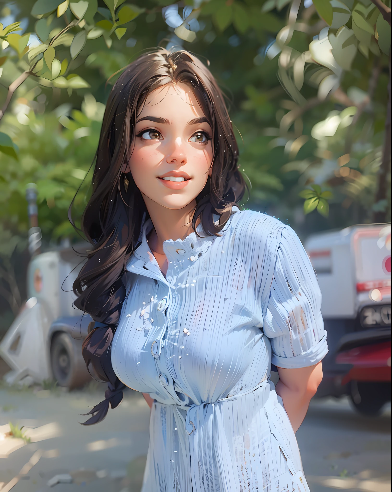 a hyper-realistic portrait of a young woman, under a tree, inside a forest, in the middle of nature, 22 years old, realistic, (lying on her side), sexy, (huge breasts 2:1), short brown hair, (hair tied with bows), curved, SFW