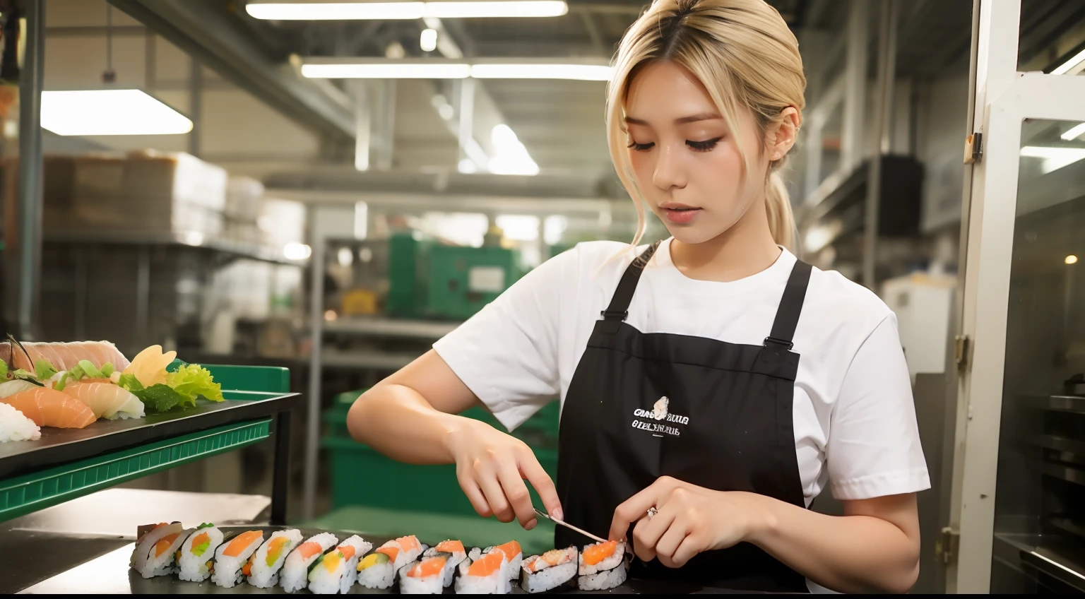 gyaru, dark-skinned, makes sushi in factory