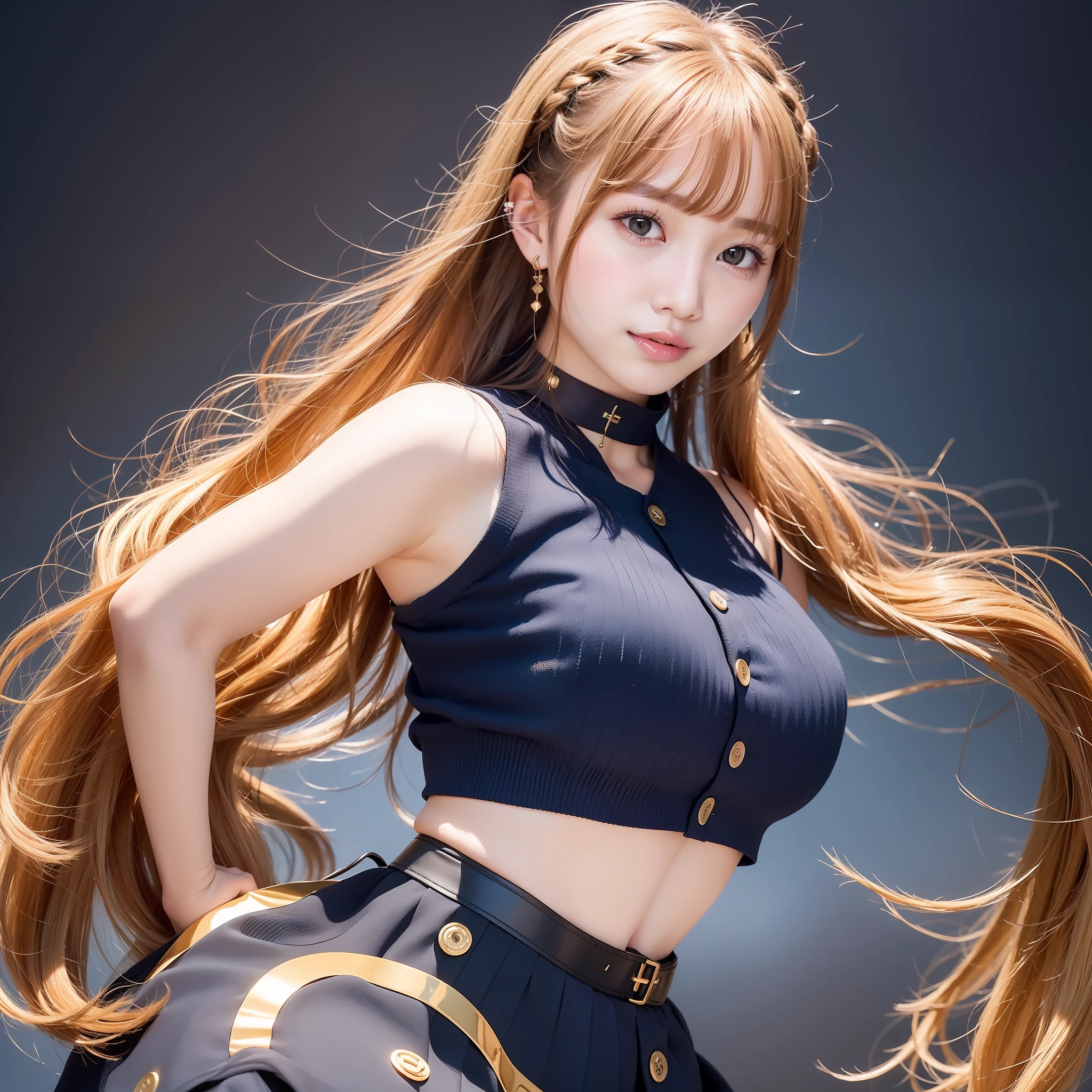 best quality, ultra high res, 1girl, sleeveless blue button shirt, black skirt, black choker, cute, (Kpop idol), (aegyo sal:1), (golden blonde hair:1), long braided hair, ((puffy eyes)), looking at viewer, (((full body))), wide view, facing front, glow skin, smile, thick ass
