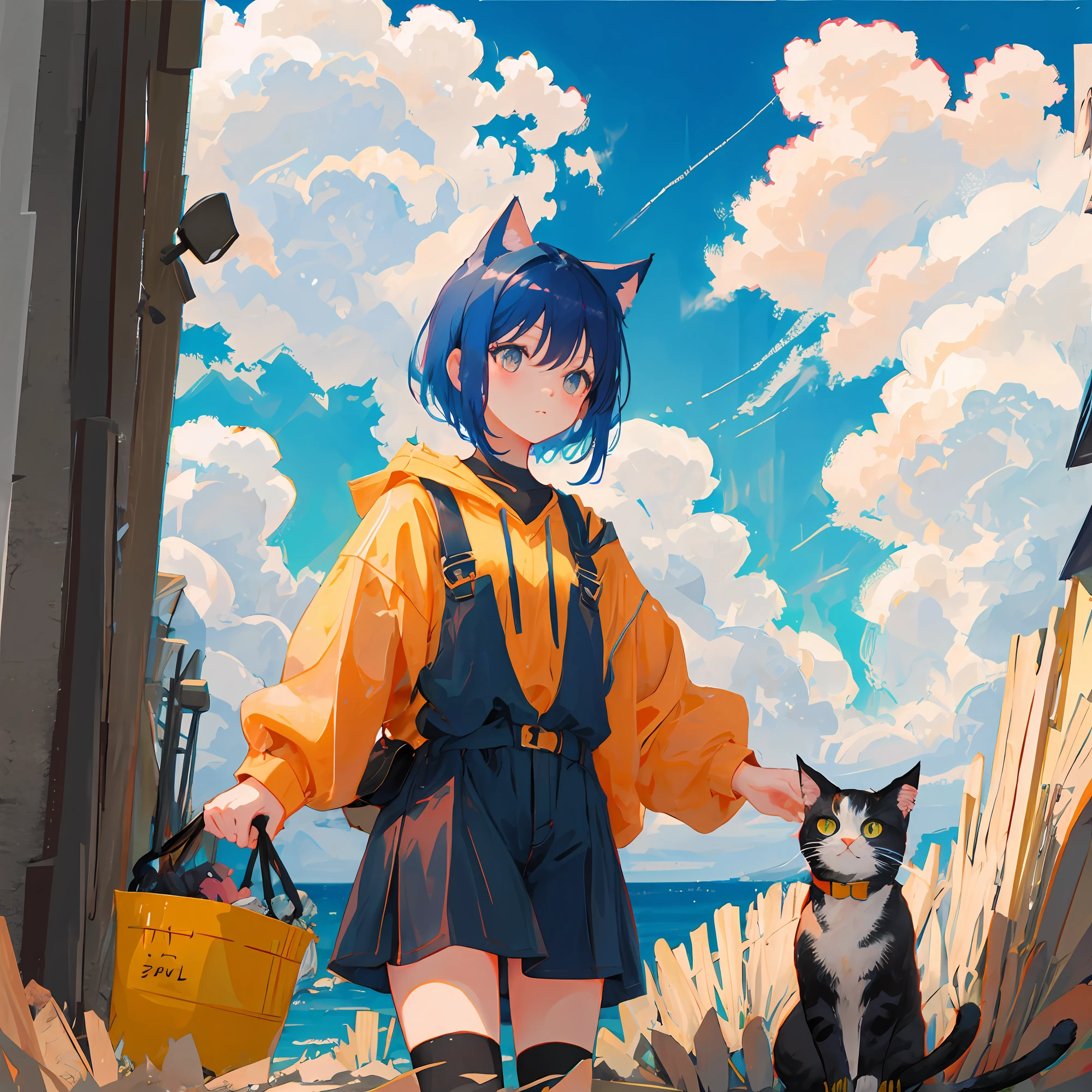 Clouds, little girl with short hair, cat