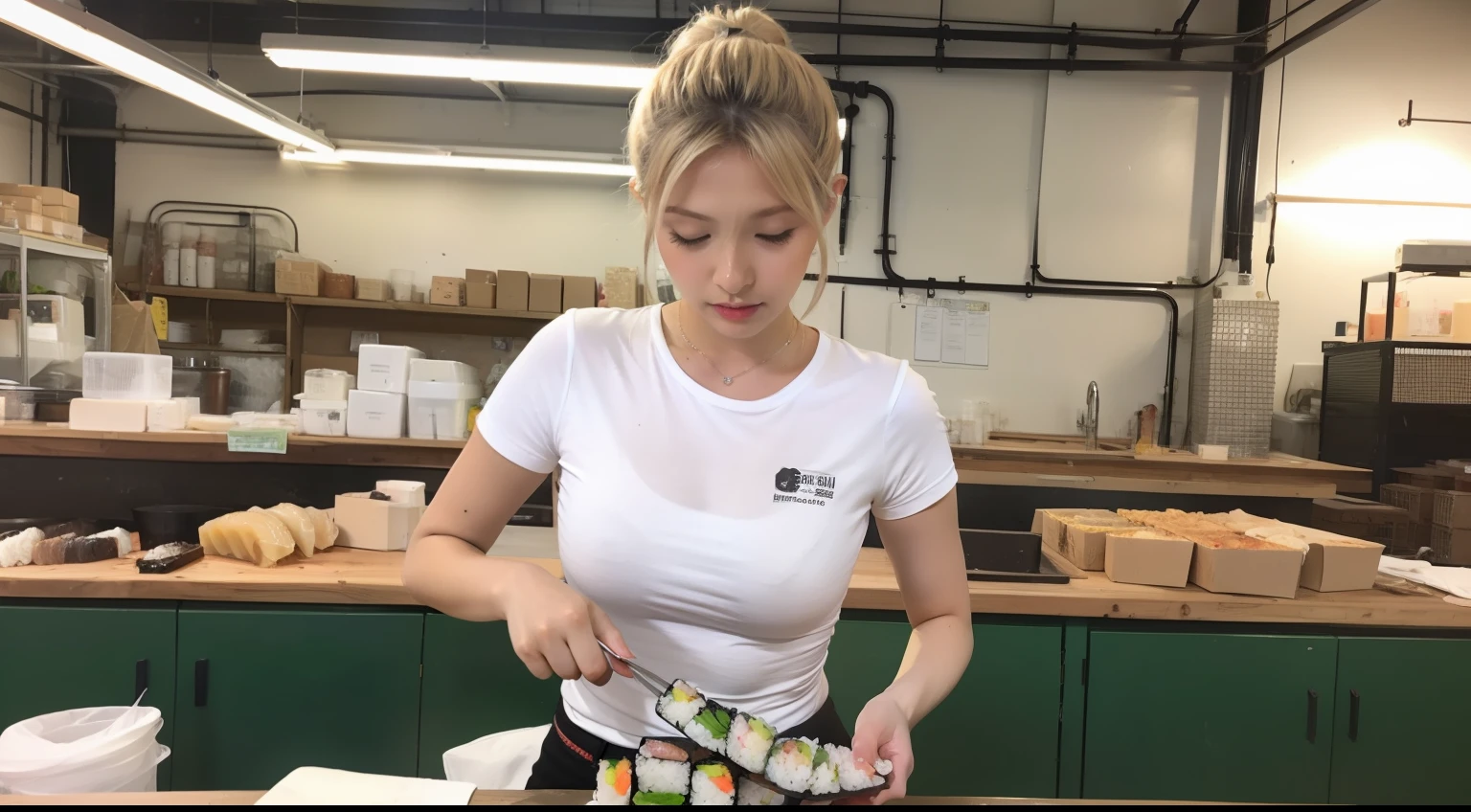 gyaru, dark-skinned, makes sushi in factory