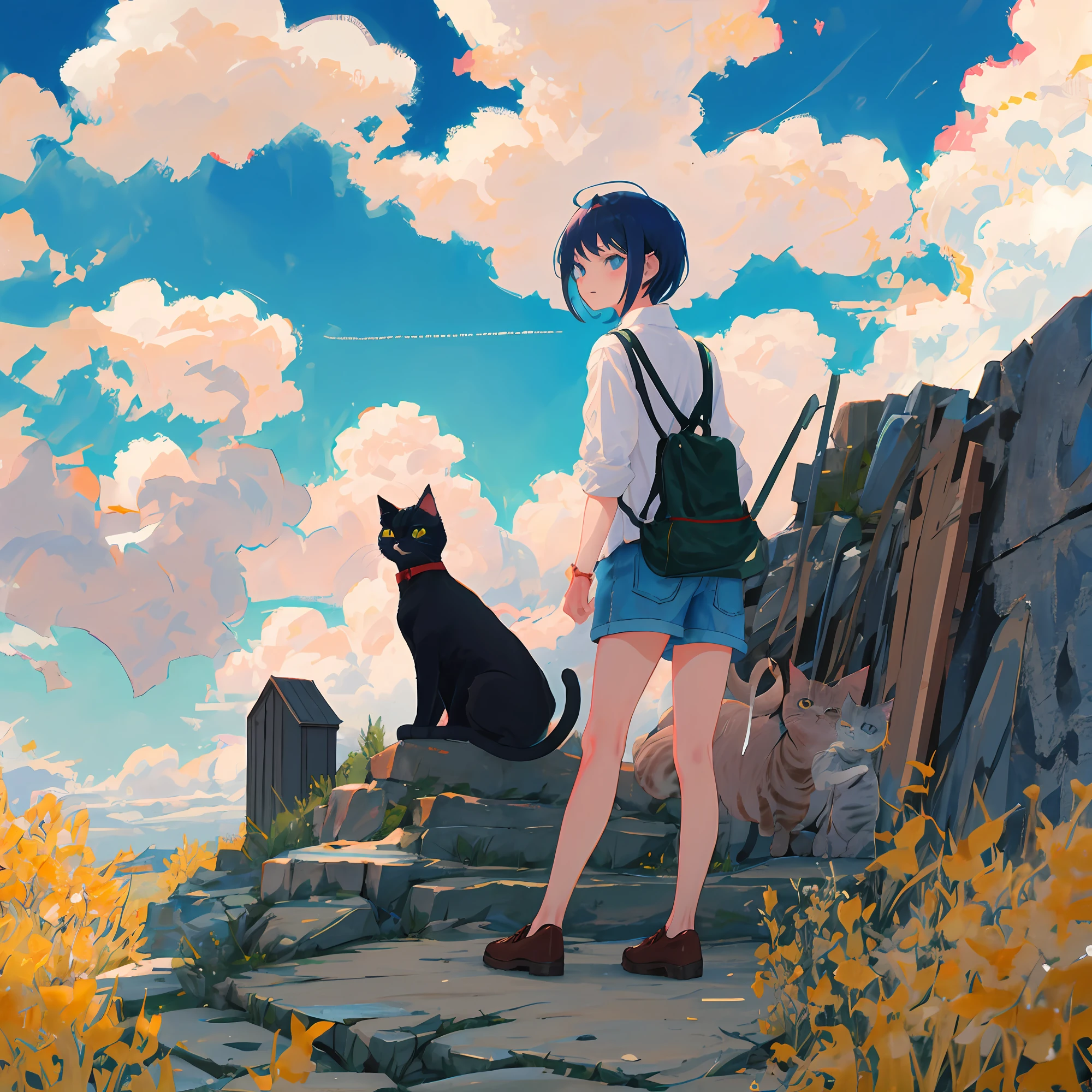 Clouds, girl with short hair, cat
