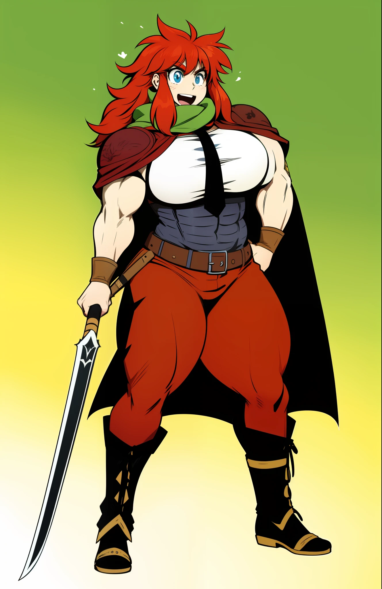 tomboy, warrior, berserker, tall female, muscular female, living hair, sauvage,, medieval clothing, fantasy, fantasy weapon, huge breasts, barbarian pants,red hair, crazy smile, open mouth, biceps, necktie, thick arms, hairy red hair body hair, pubick hair, medieval, medieval clothing, medieval fantasy, full body, bikini, bikini armor, caveman,