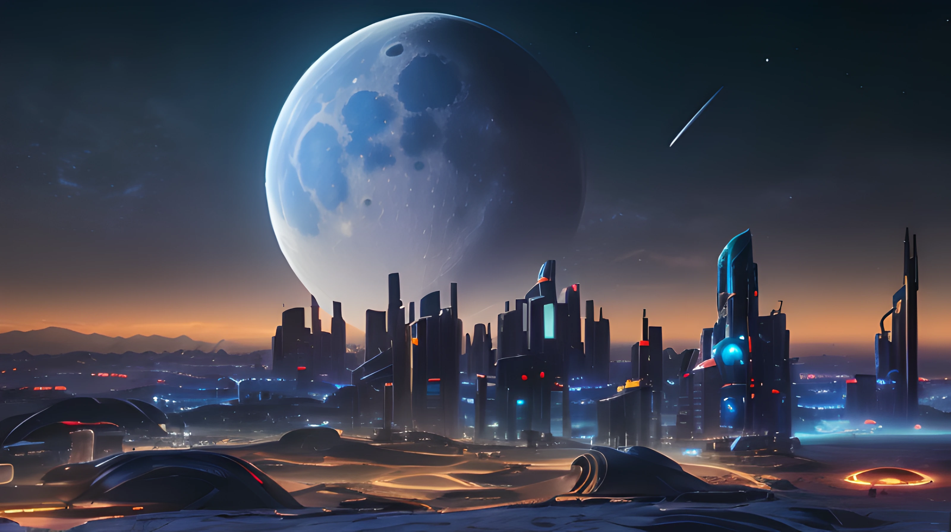 moonscape, (futuristic sci fi city:1.4),night, galaxy sky,
(multicolored aureole),
(8k, RAW photo, best quality, masterpiece:1.3), (realistic, photo realistic:1.37),