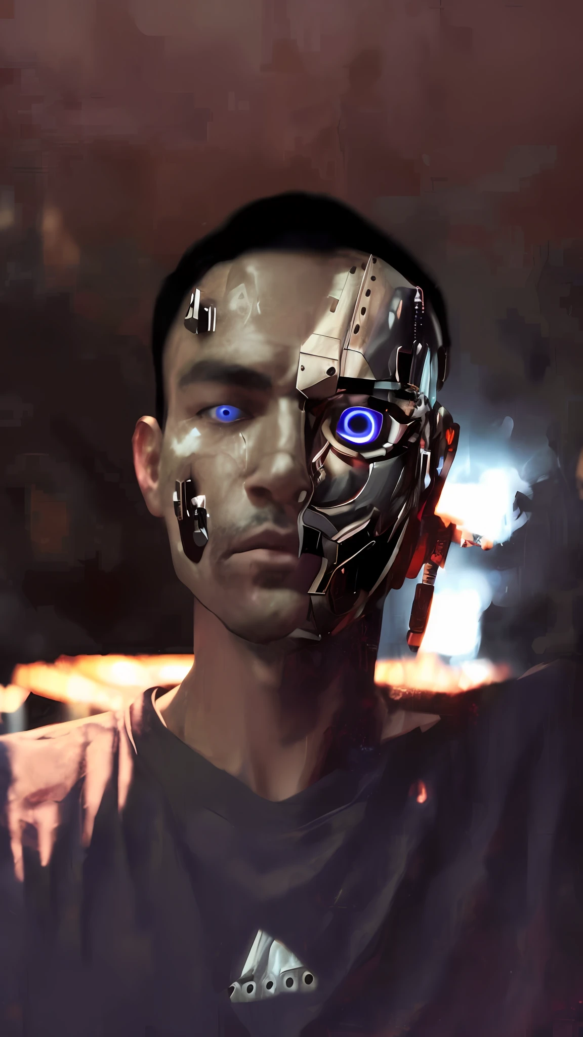 arafed man with a robot mask on his face, human with one robot eye, cyberpunk face, with robotic parts on his face, robotic face, movie still of a cool cyborg, robot with human face, symmetry!! portrait of cyborg, portrait of a cyborg, human like a cyborg, attractive sci - fi face, robot face, correct robot face