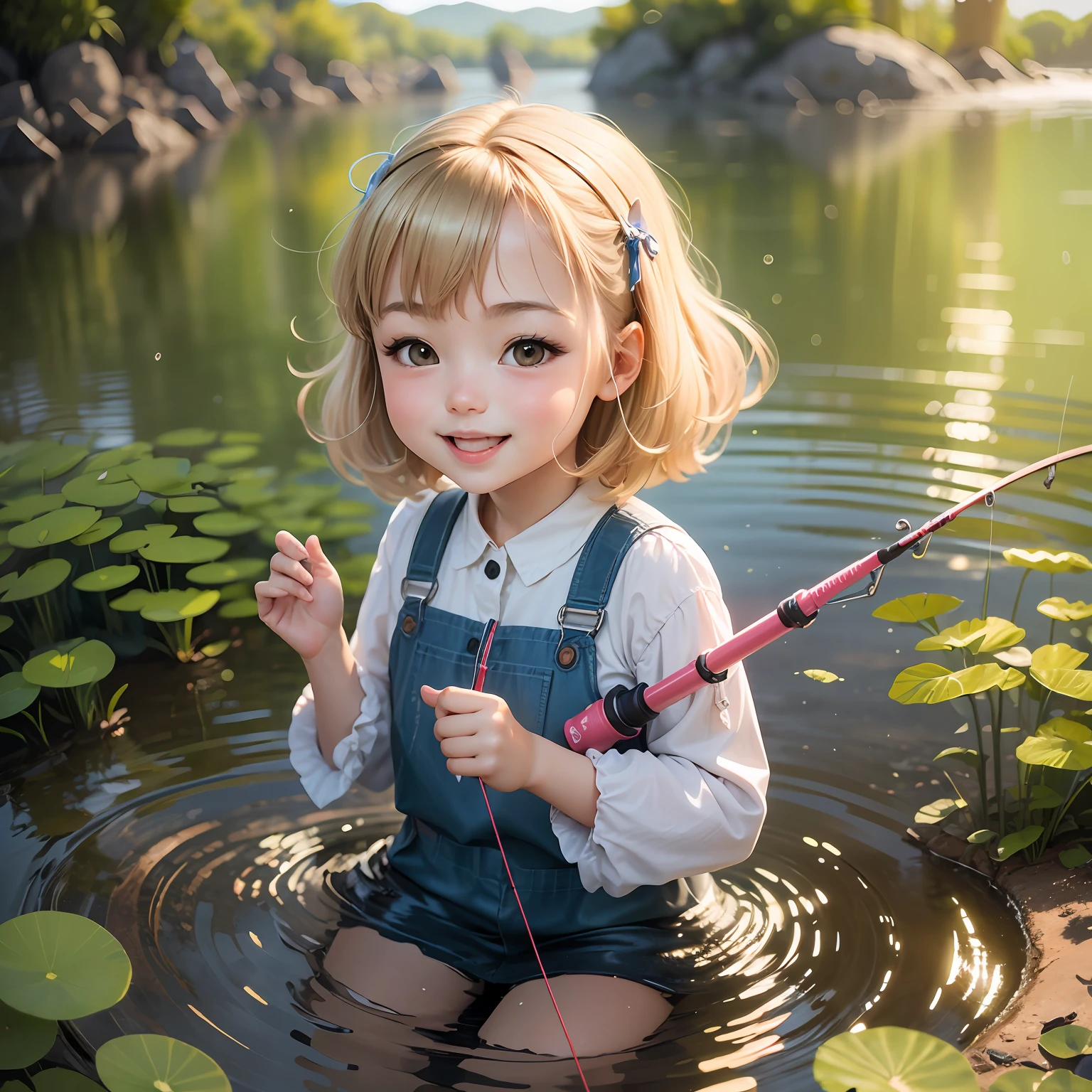 A paper illustration of a kawaii girl doll stands in the water, her fishing rod in hand, the sun glinting off her face as she smiles in delight at the peacefulness of fishing