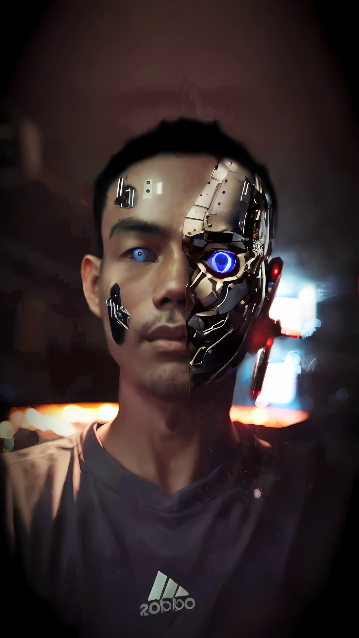 arafed man with a robot mask on his face, human with one robot eye, cyberpunk face, symmetry!! portrait of cyborg, portrait of a cyborg, movie still of a cool cyborg, with robotic parts on his face, robotic face, human like a cyborg, portrait of cyborg, ( ( robot cyborgs ) ), cyborg portrait, robot with human face