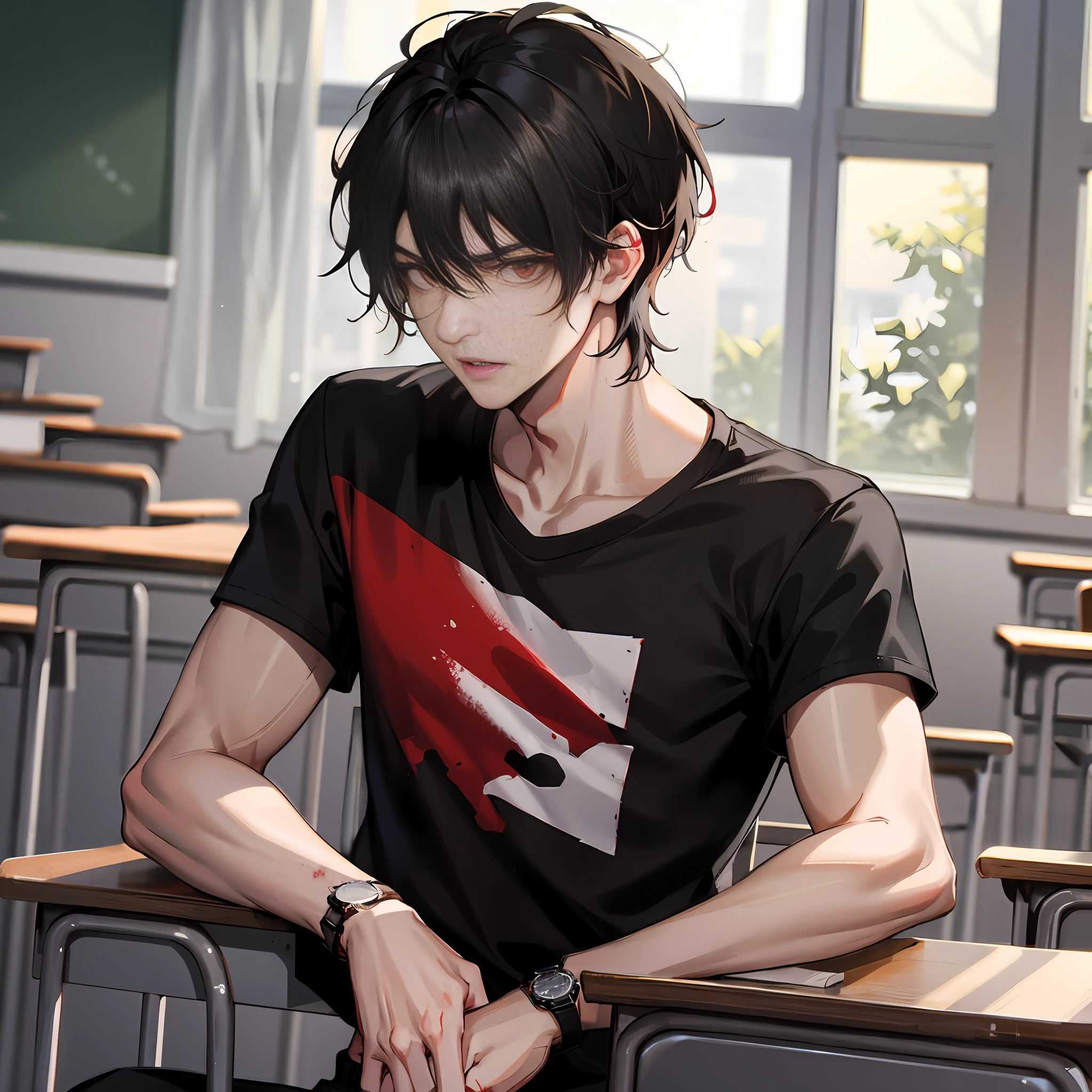1boy, black hair, black shirt, red eyes, watch, messy hair, 8k resolution, classroom, shabby classroom, fierce, delicate facial features, boy, boy, cold, murderous, bloodstained