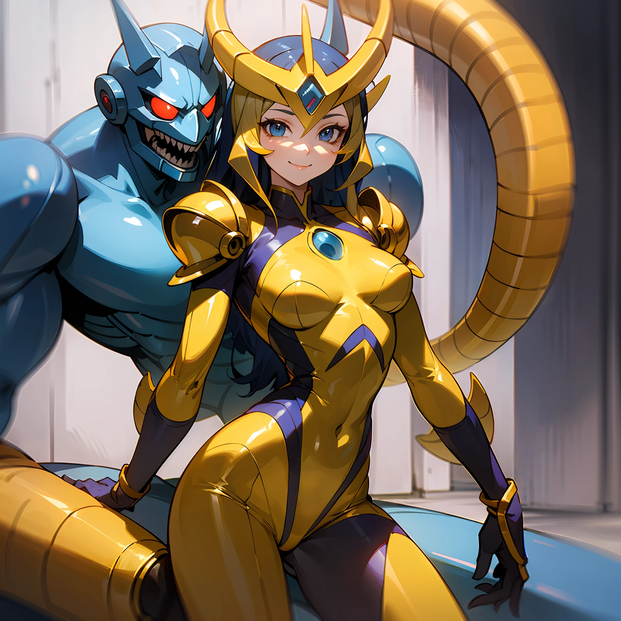 Cartoon photo of woman in blue and yellow costume, hot insect woman, guyver style, bad smile, scarabele ploid, bellows tail, cel shade adult animation, alien queen,