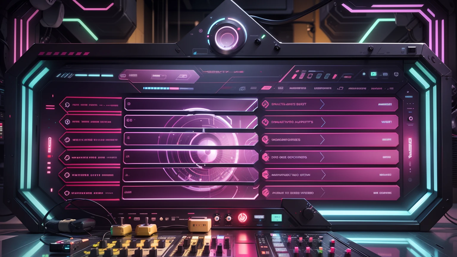 headpohne, microphone, voice synthesizer, synthesizer, render vintage neon glow octane neural brain hitech neura link lines dots