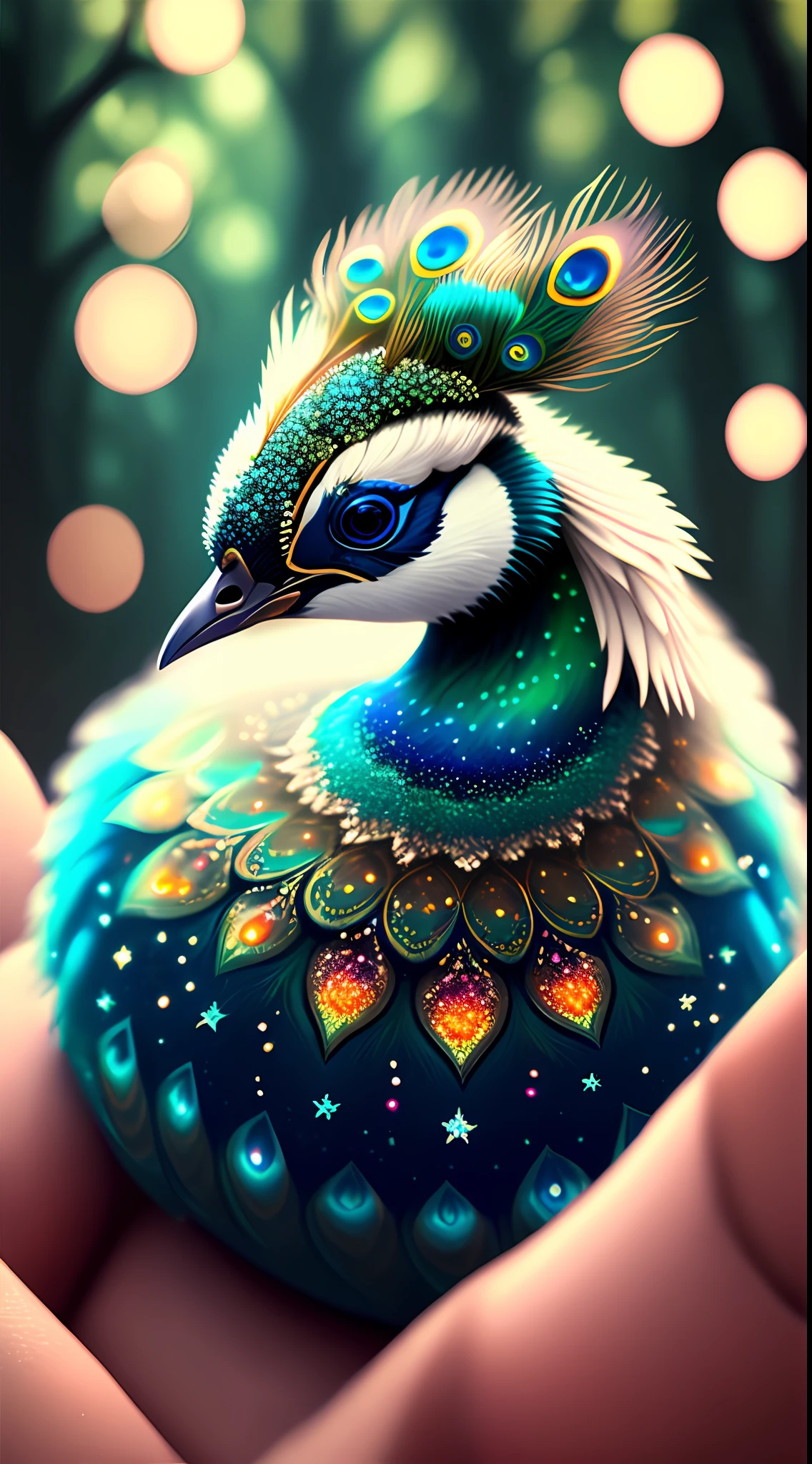 Magic White Peacock, Kawaii, Fluffy, Sparkling Stars Body Paint, Dream Forest, Realistic Painting, Clear Focus, 8K, Perfect Composition, ArtStation Trend, Award Winning Photos, Unreal Engine 5, Cinematic Smoothness, Intricate Details