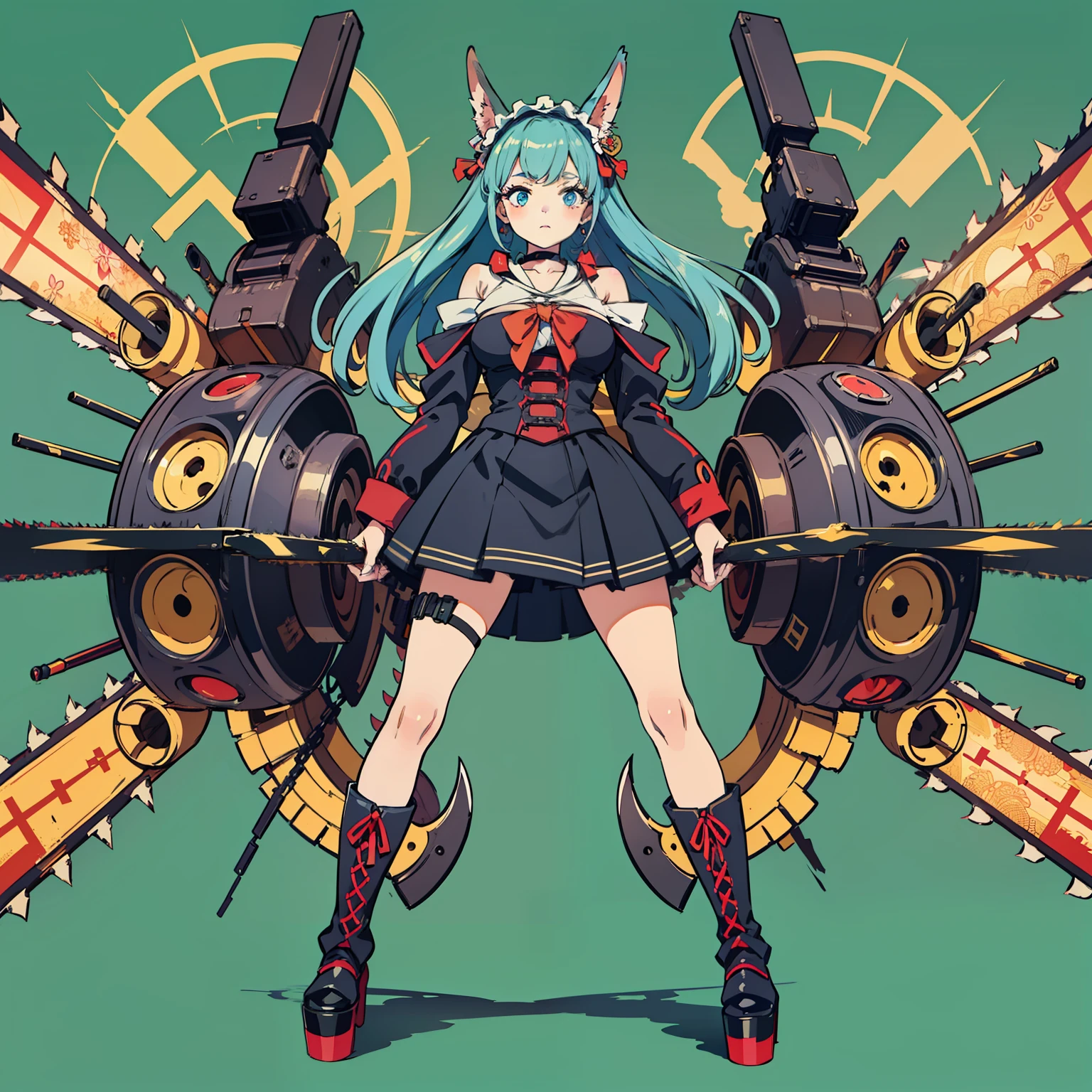 ,(cute Little girl), ,( rabbit ears), ((17 years old))(solo:1.2)
((best quality)), (ultra-detailed), ((extremely detailed)), 4K, (8K), best quality, (beautiful hair),
BREAK,anime style,( beautiful black straight hair), (beautiful light blue eyes)
//style
(reference sheet:1.8), character profile sheet, white background:1.4, simple background,
(Maximalism: 1.4), vivid contrast, (full body:1.5), ((huge kawaii weapon:1.5)),wide shot, dynamic angle,
BREAK,
//Graphics
(realistic:1.3), super photo realistic illustration, highres, ultla detailed, absurdres, official art, unity 8k wallpaper,
//Character
(1 girl), solo, extremely beautiful girl, loli,cute, kawaii, standing,
((extra huge cool chainsaw in hands, extra huge cool weapon machine, mecha, mechanism, machine)), open stance, action pose,
((extra huge cool chainsaw in hands, extra huge cool weapon machine, mecha, mechanism, machine)), open stance, action pose,
((extra huge cool chainsaw in hands, extra huge cool weapon machine, mecha, mechanism, machine)), open stance, action pose,
(Japanese School Uniforms:1.2),lace-up boots, platform boots,
Cherry blossom pattern costume,platform boots,Black skirt corset,Black choker, pretty choker,Headdresses, (gothic lolita),accessories,Ribbon,Hanafuda earrings,Long sleeves,Long skirts,Japanese clothes, off-the-shoulder,
(frosty eyes), red eyes, neutral expression, impassive:1.4, stoic, indifferent,looking at viewer,
BREAK,