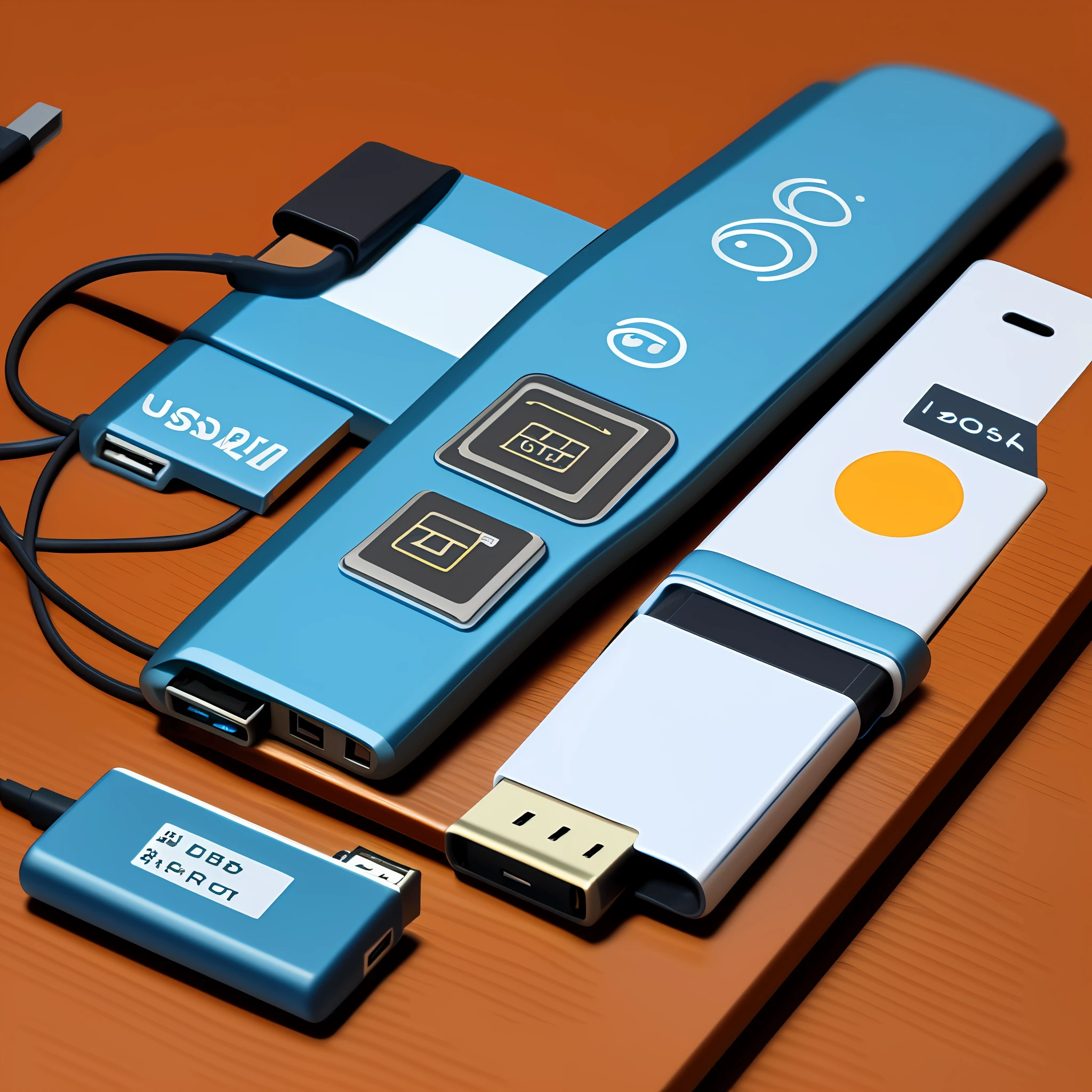 A USB stick on the table, give this USB stick a close-up, the overall bright style.