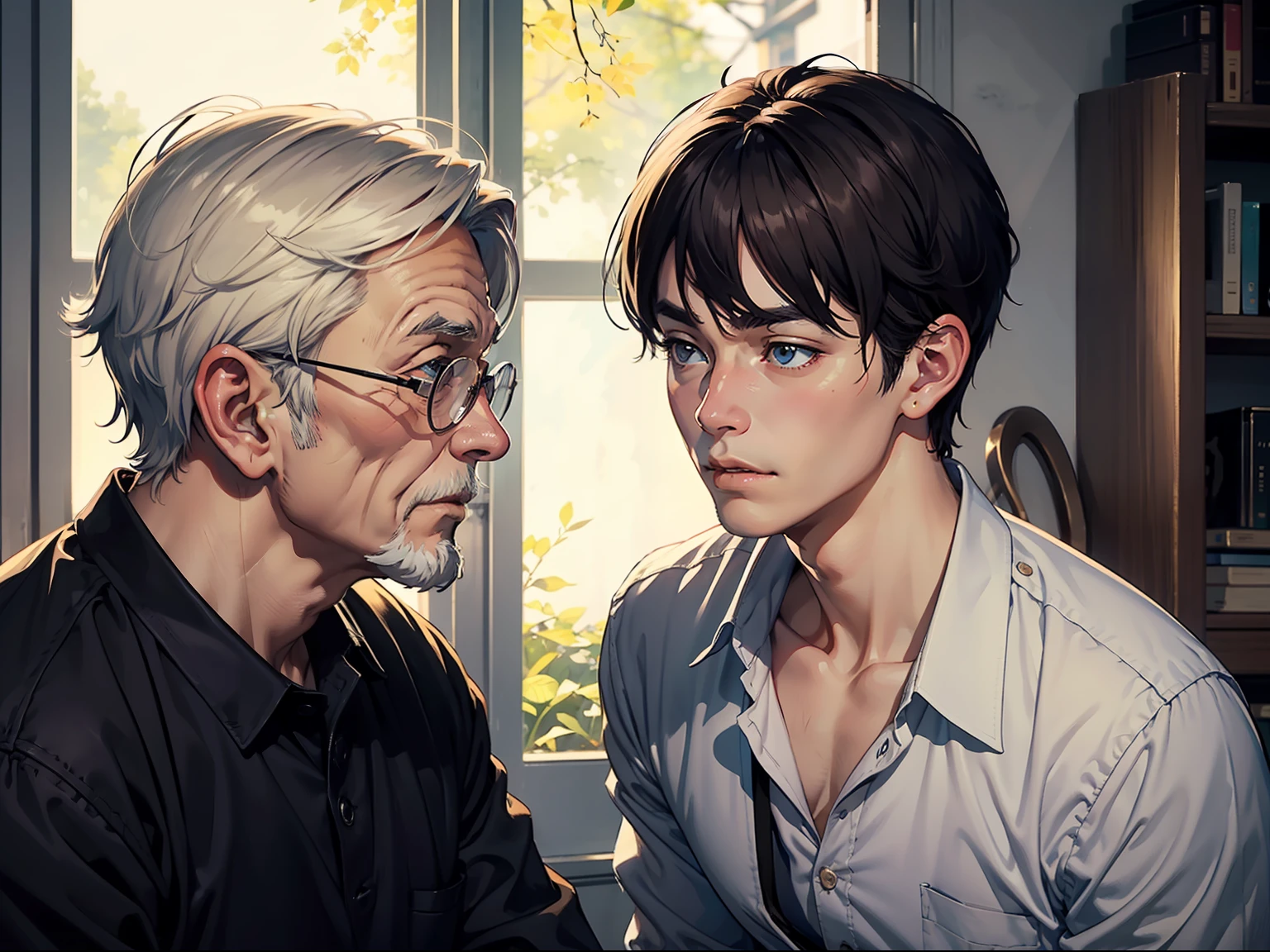An old man and a young man are talking with a delicate face ultra-clear