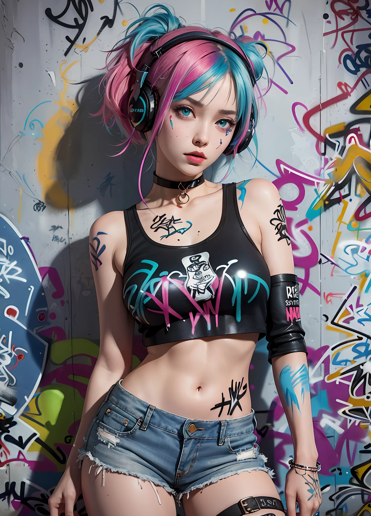 masterpiece, best quality, 1girl, solo, crop top, denim shorts, choker, (graffiti:1.5), paint splatter, arms behind back, against wall, looking at viewer, armband, thigh strap, paint on body, head tilt, bored, multicolored hair, aqua eyes, headset,