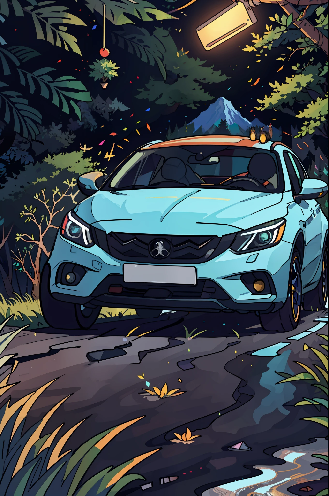 Masterpeace, BestQuality, Car, Forest, Mountains, Wet Road, Auto, Auto, Bright Colors, Volumetric Lighting, Best Shadows, Shallow Depth of Field, (High Quality, Stunning Details: 1.25), Brilliant Colorful Paintings, Whimsical, Magical, Flicker, Highlights, Neon Garland, Details, 8k