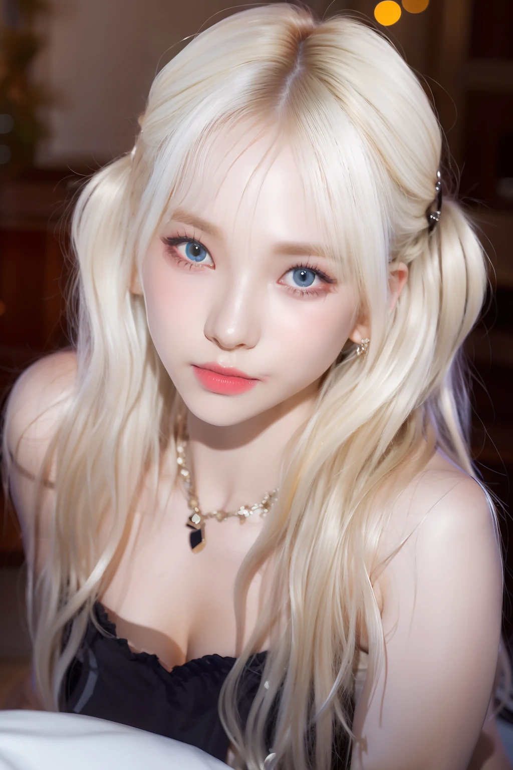 (8k, 4k, best quality, highres, ultra high res:1.1), (masterpiece, realistic, photo-realistic:1.1), 1girl, face, close-up, twintails, blonde hair, black eyes, red lips, (looking at viewer:2), absurdly long hair, long eyelashes, eyeshadow, small face, big eyes,
bare shoulders,
high contrast,