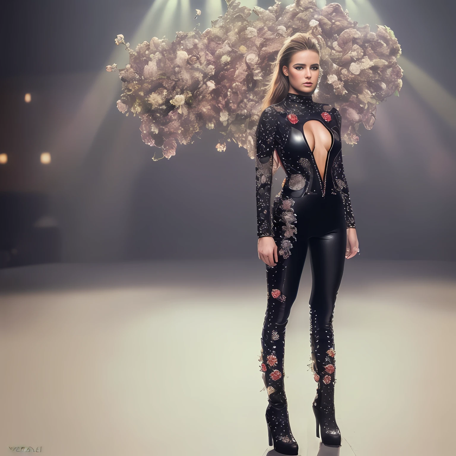 (Nikon RAW photo, 8k, fujifilm TX3), (Realism: 1.3, extremely delicate beauty, extremely detailed), ((dark, dim lighting)), (((1 girl, full body: 1.3, detailed tight suit, handmade beaded flowers, high-pointed scalp boots, leggings, looking at the audience, from the front))), perfect skin tone, fine skin texture, clean, break, ((fashion stage)), (natural sunlight), full of imagination, depth of field, unparalleled composition super detailed super quality (masterpiece, extremely detailed 8k wallpaper, best quality, high resolution: 1.2)