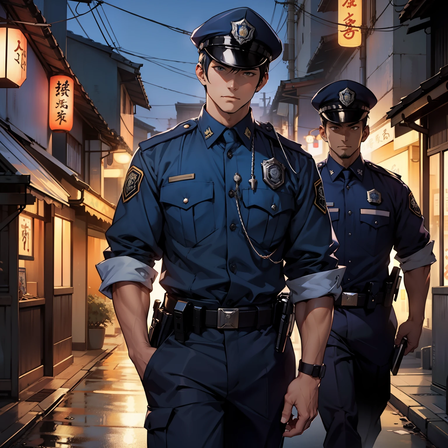 3 male policemen, police uniform, look at the camera, Japanese anime style, evening,