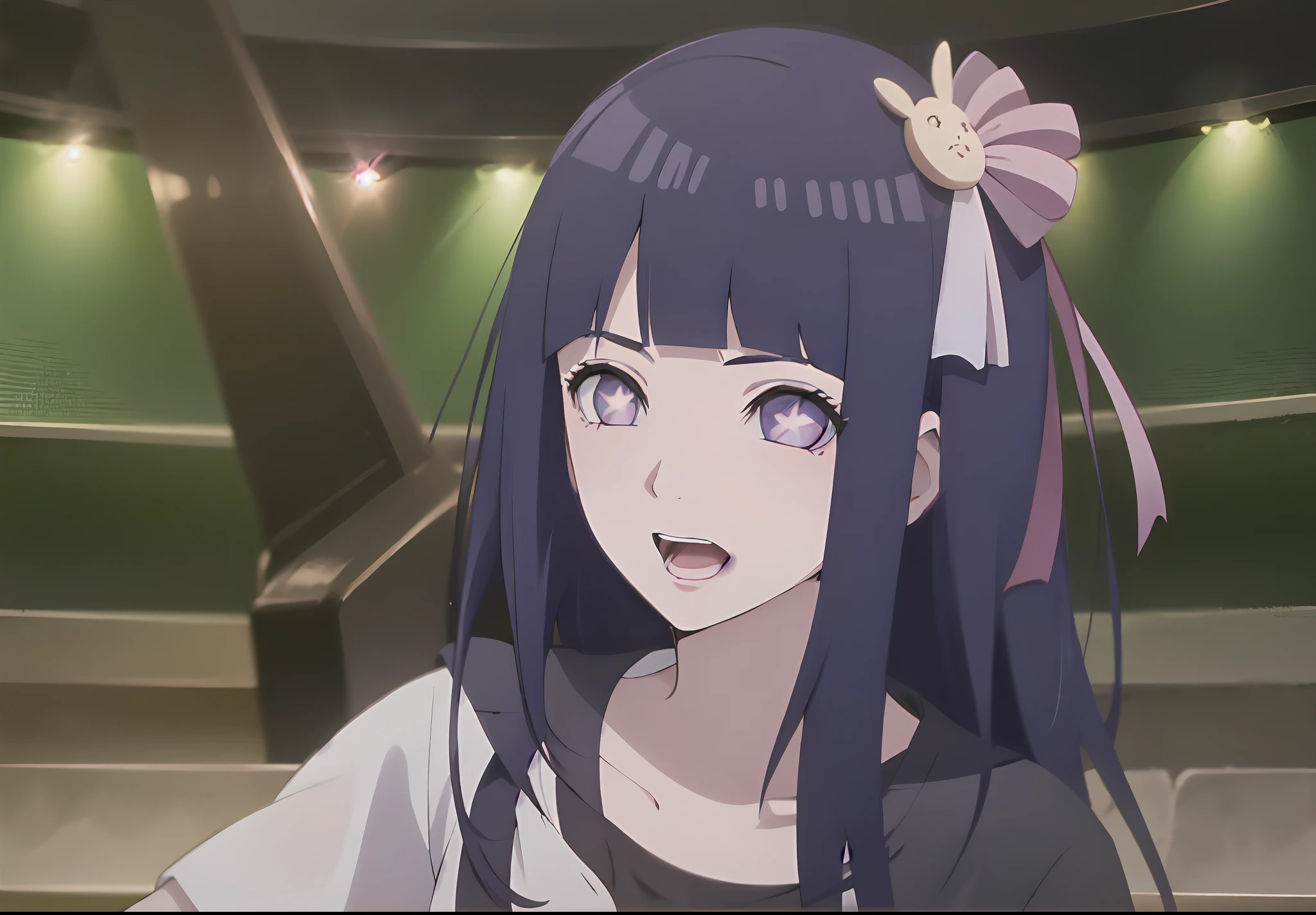1girl, Hoshino Ai, long hair, dark blue hair ,purple eyes, hair ornament, blunt bangs, hinata hyuga as hoshino ai, (idol clothes:1.3), concert hall, singing