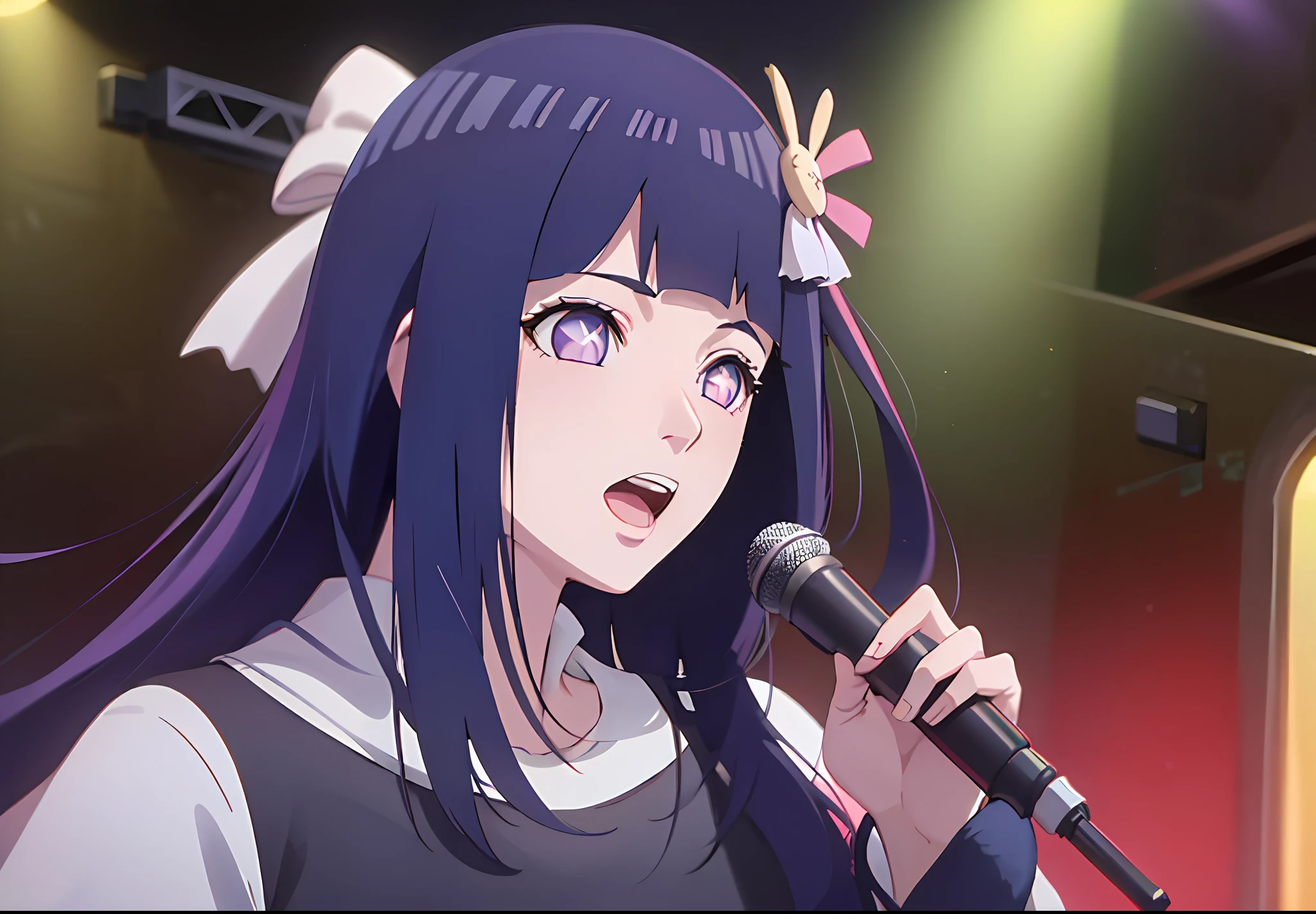 1girl, Hoshino Ai, long hair, dark blue hair ,purple eyes, hair ornament, blunt bangs, hinata hyuga as hoshino ai, (idol clothes:1.3), concert hall, singing