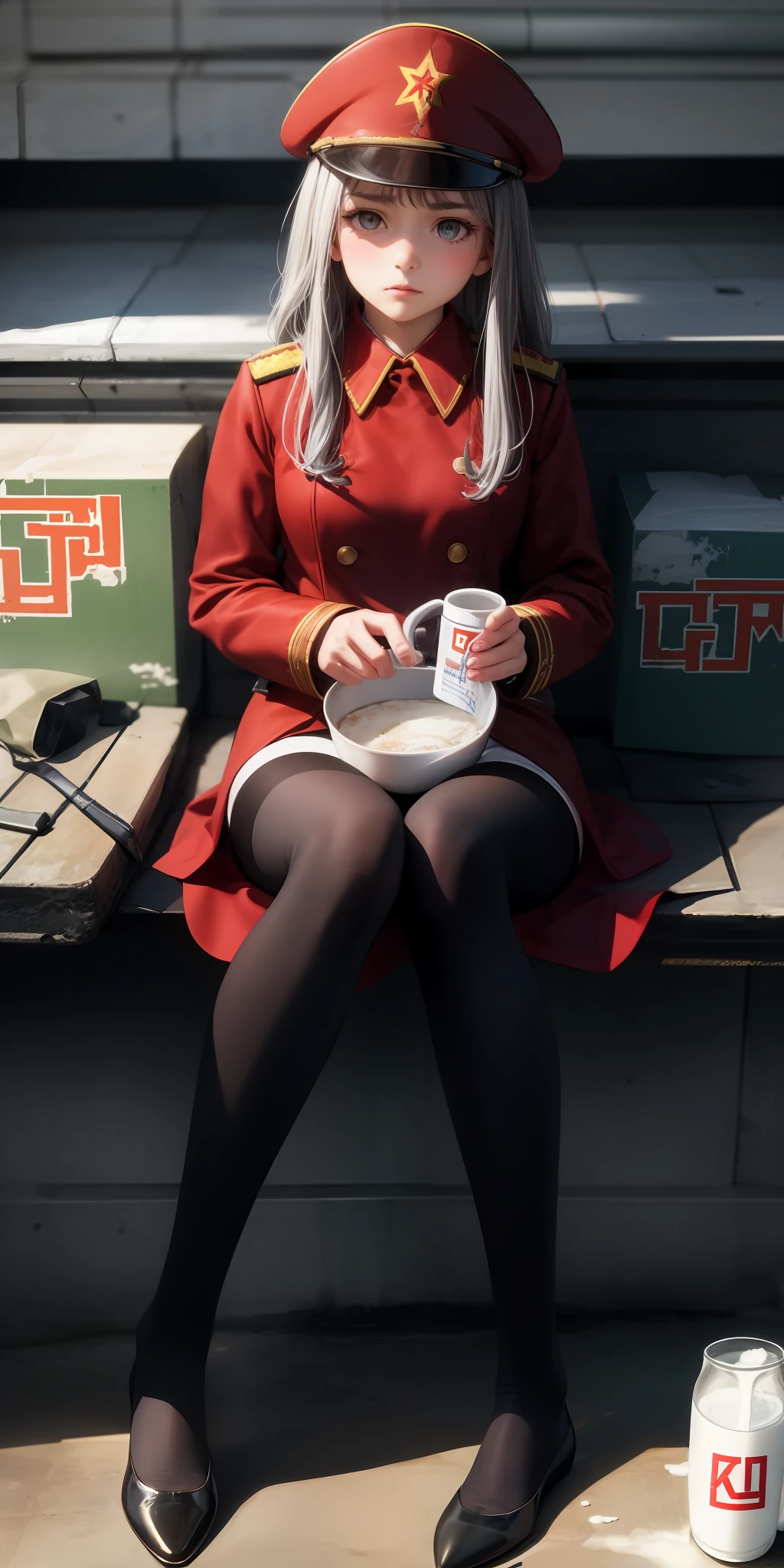Girl, long gray hair, gray eyes, Soviet KGB uniform, ( ( ( poor milk ) ) ), Soviet Union, ((( (USSR)), girl, black stockings