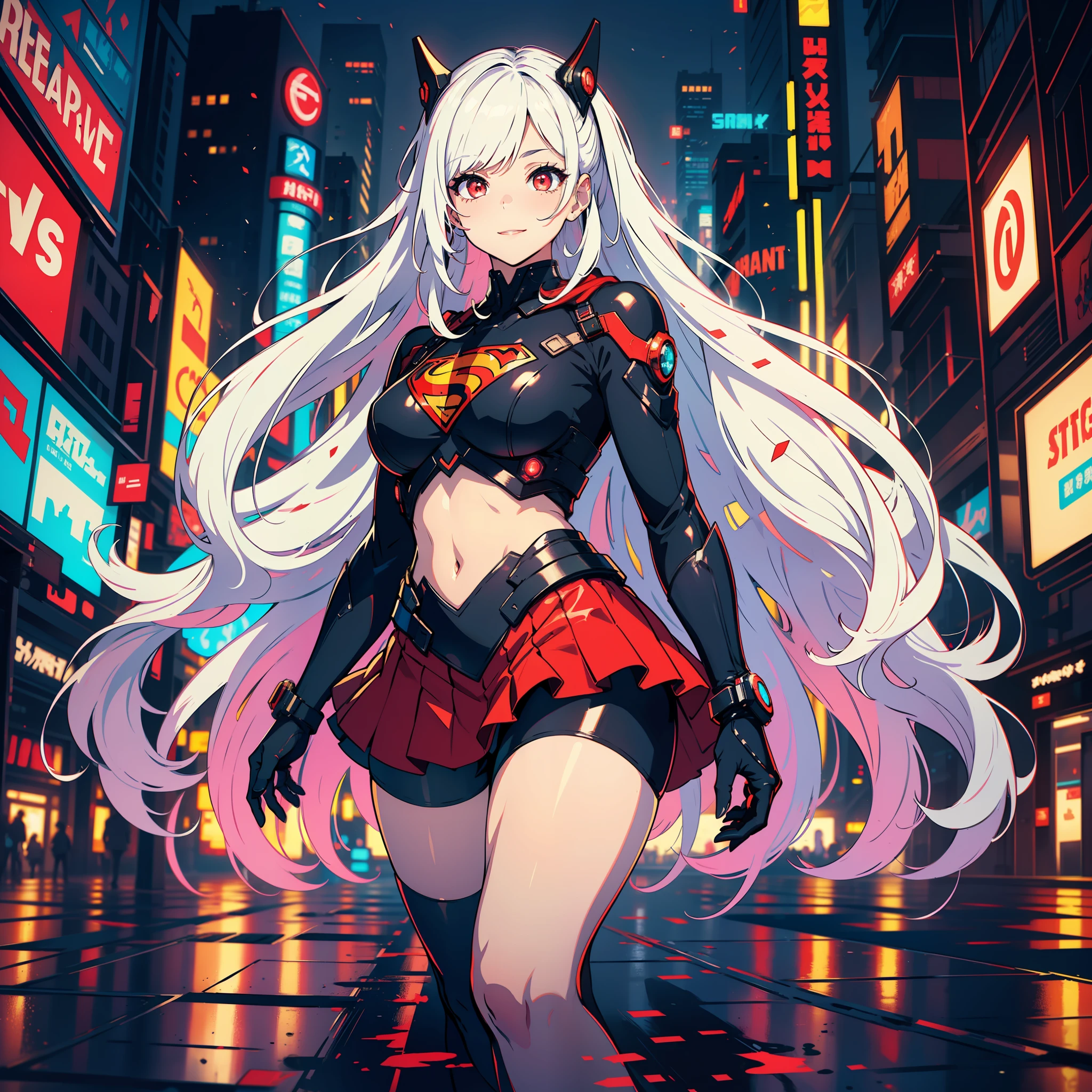 (masterpiece), (best quality), (high resolution illustration), official art, white hair, absurdly long hair, (dynamic view), (hyper detailed), (premiere), kitagawa Marim as a supergirl, curvy, cyberpunk city, clouds, black and red cover, skirt, pantyhos, Black and red clothes, sunset, radiant smile, big dreamy eyes, (((colorful))), reflection floor, luminous red eyes, dark intense shadows, bright neon lights, depth of field, .