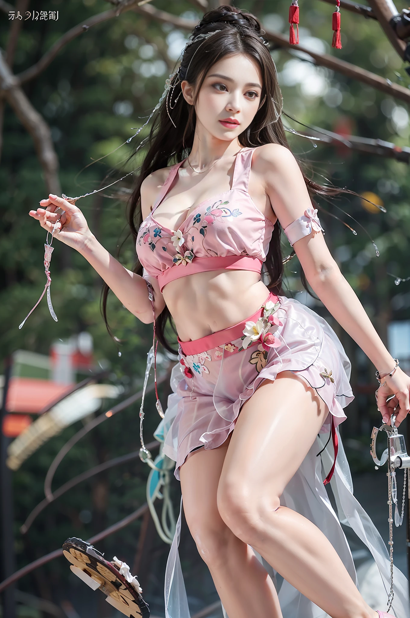 1girl, solo, brunette hair, ,(blood volume: 1),, whole body,, (realism: 1.4), official art, unreal 8k wallpaper, super detailed, beautiful aesthetics, masterpiece, best quality, (dynamic angle: 1.4), , elegant, bright colors, romanticism, sexy, transparent, see-through, chinese hanfu, bare breast, (transparent skirt), barefoot, (wet), (see-through), (liquid flowing down the thighs)