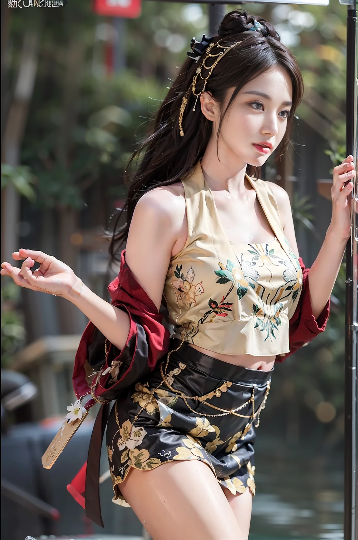 1girl, solo, brunette hair, ,(blood volume: 1),, whole body,, (realism: 1.4), official art, unreal 8k wallpaper, super detailed, beautiful aesthetics, masterpiece, best quality, (dynamic angle: 1.4), , elegant, bright colors, romanticism, sexy, transparent, see-through, chinese hanfu, bare breast, (transparent skirt), barefoot, (wet), (see-through), (liquid flowing down the thighs)