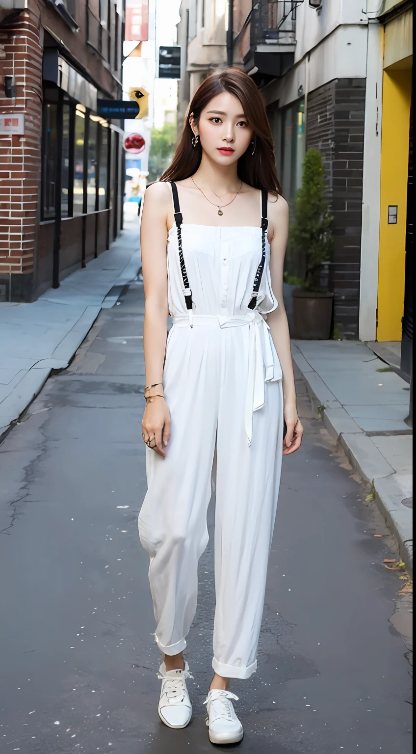((Best Quality, 8K, Masterpiece: 1.3)), (White Suspenders Set Jumpsuit: 1.4), White Shoes, Necklace, Earrings, Full Body: 1.2, Perfect Body Beauty: 1.4, Wearing Accessories: 1.2, (Dark Street: 1.3), (Natural Movement: 1.3), Highly detailed face and skin texture, Detailed eyes, ((Long dark brown hair: 1.2)),