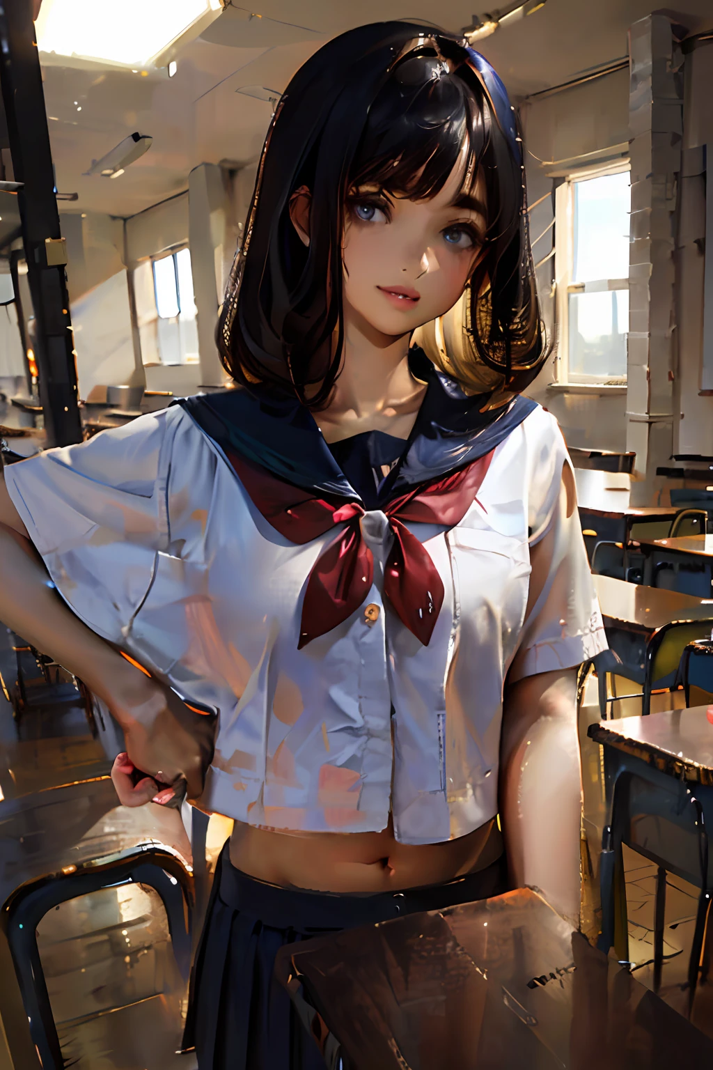 ((Realistic lighting, top quality, 8K, Masterpiece: 1.3)), Clear Focus: 1.2, 1 Girl, girl: 1.4, ((Blonde Long)), (White Crop Top: 1.4), Classroom, Slender Face, Leaning Eyes, Double Eyelids, Thick Eyebrows, Blouse (White), Skirt (Blue)