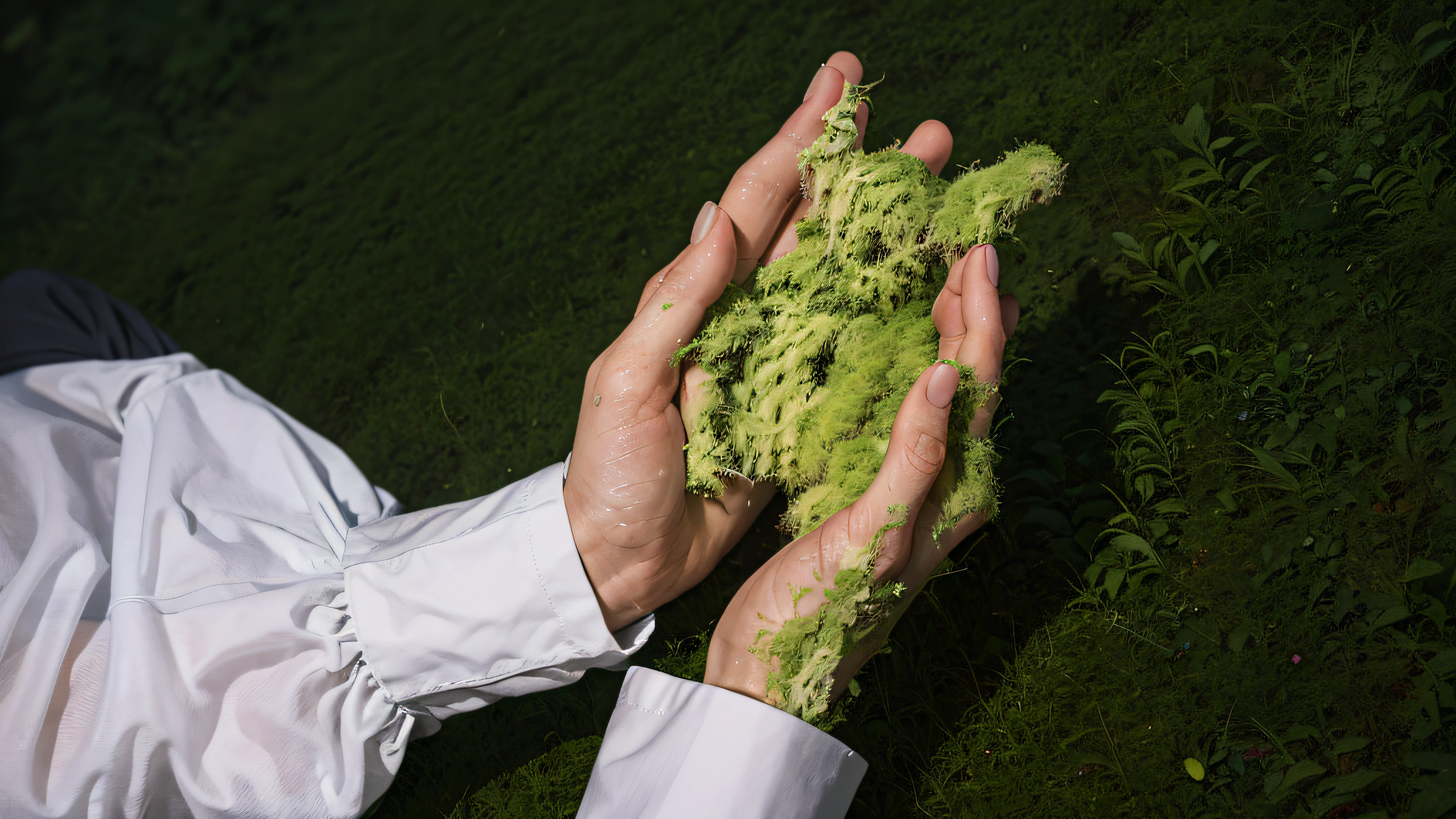 the hands is covered with a lot of moss, the background of the forest, the rain