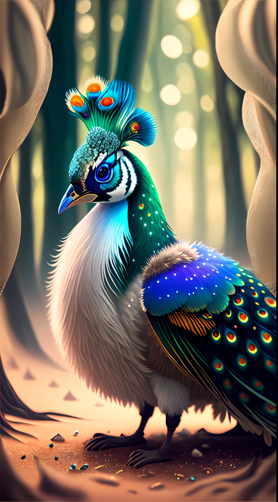 Magic White Peacock, Kawaii, Fluffy, Sparkling Stars Body Paint, Dream Forest, Realistic Painting, Clear Focus, 8K, Perfect Composition, ArtStation Trend, Award Winning Photos, Unreal Engine 5, Cinematic Smoothness, Intricate Details