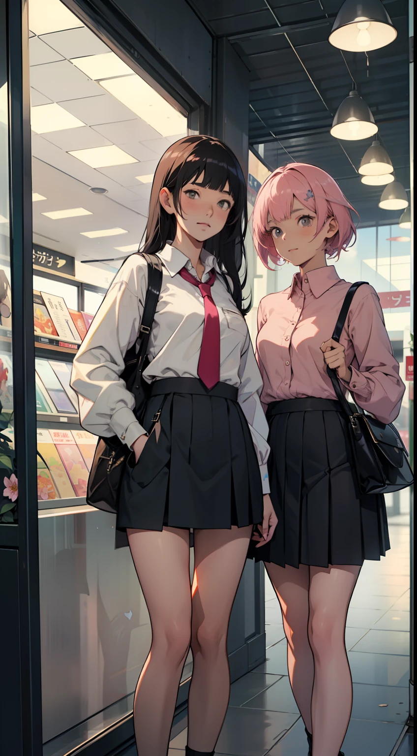 2 girls, short pink hair, small satchel, (office wear: 1.5), Japanese anime style, evening, (standing in front of the store: 1.5), collared long-sleeved shirt, hip-wrapped skirt, top-down camera, long black hair, pleated skirt, butterfly flower tie