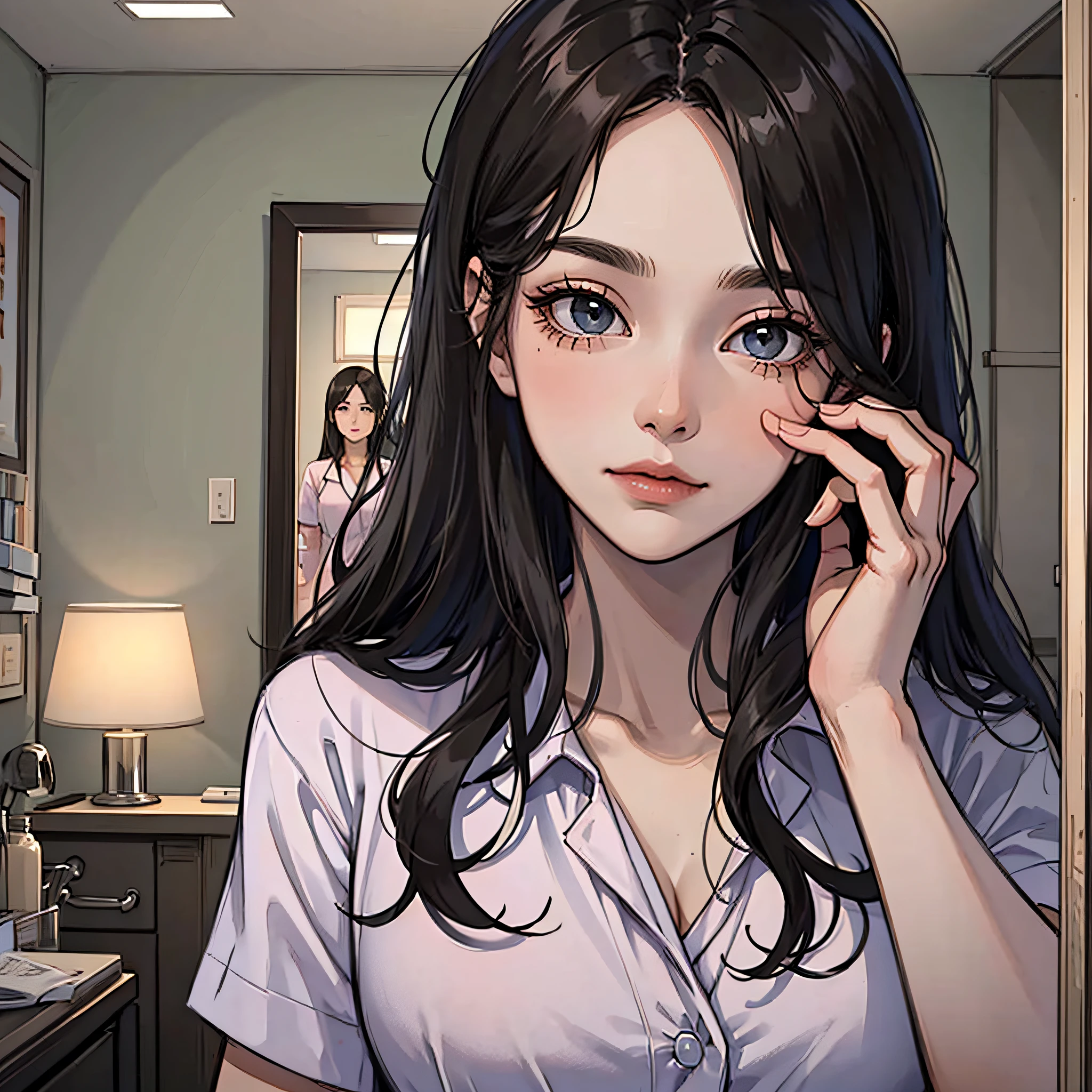 A woman with long black hair, wearing a hospital gown, looking at herself in the mirror, close-up of her face