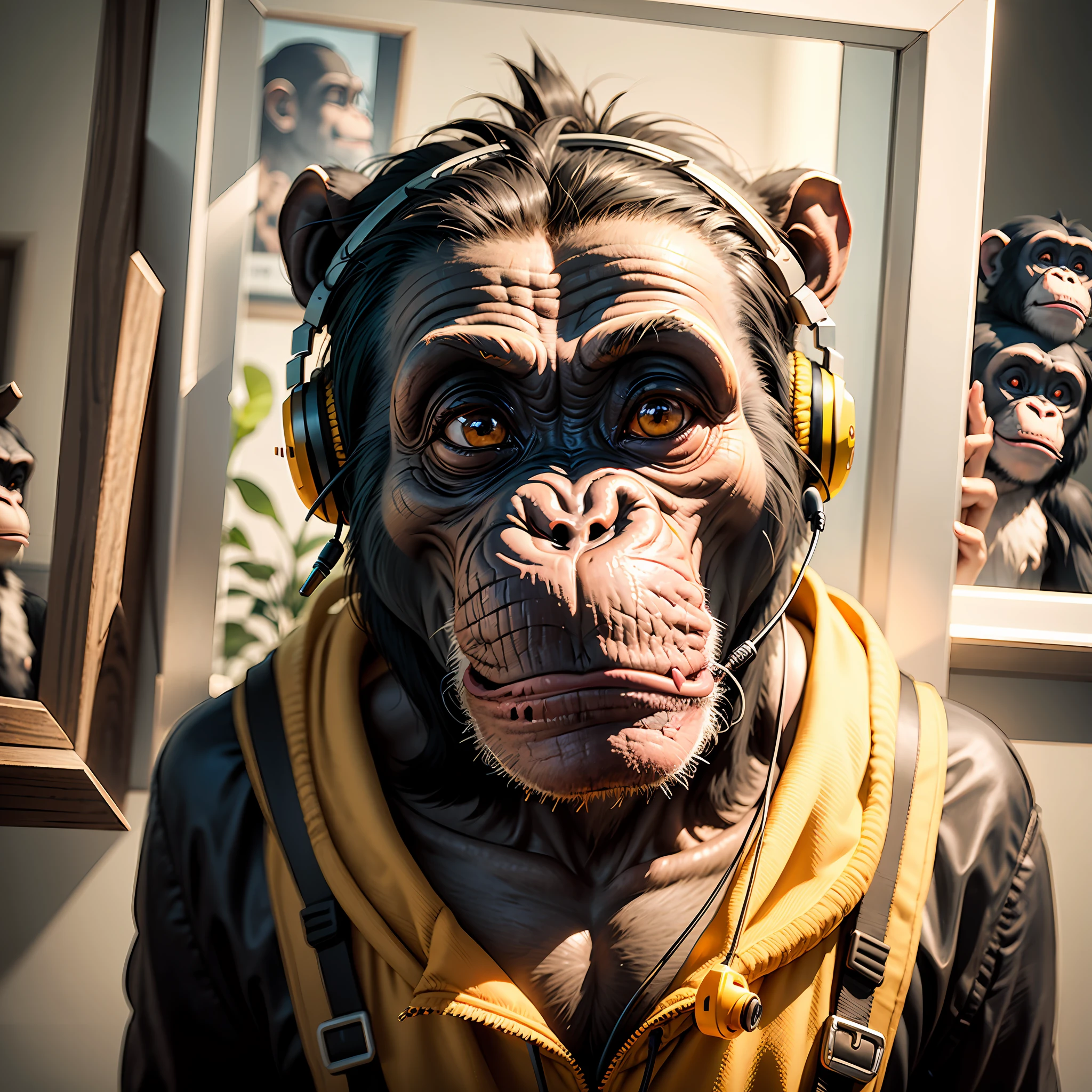 Chimpanzee with headset listening to music, professional headset, framing: only the chimpanzee's head, intricate details, highly detailed,,((masterpiece)