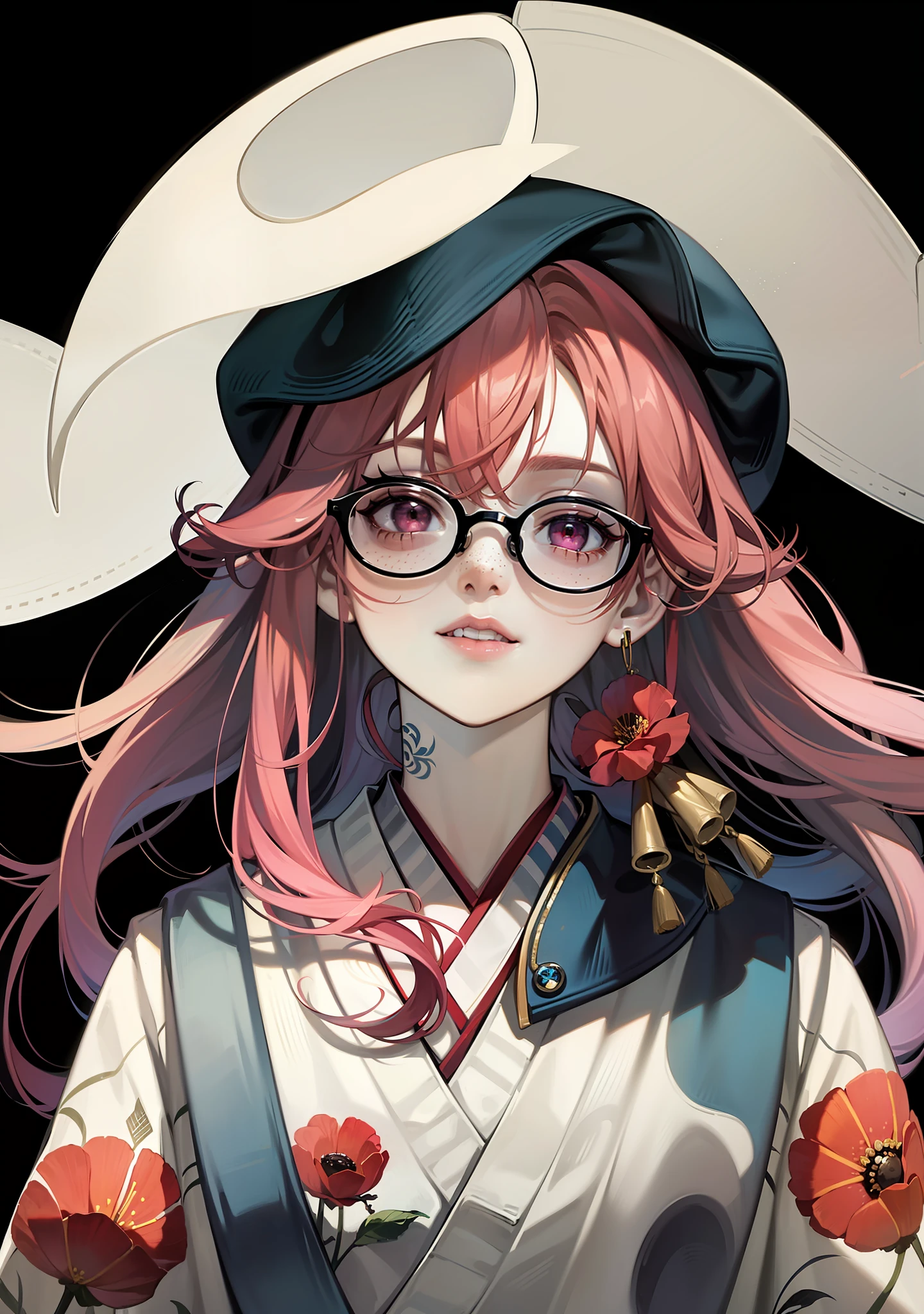 masterpiece, 1 girl, solo, pink hair, double tail, tattoo on neck, shut up, black background, pink eyes, freckles, long hair, upper body, hair between the eyes, kimono, round glasses, shyness, poppy, multicolored hair,